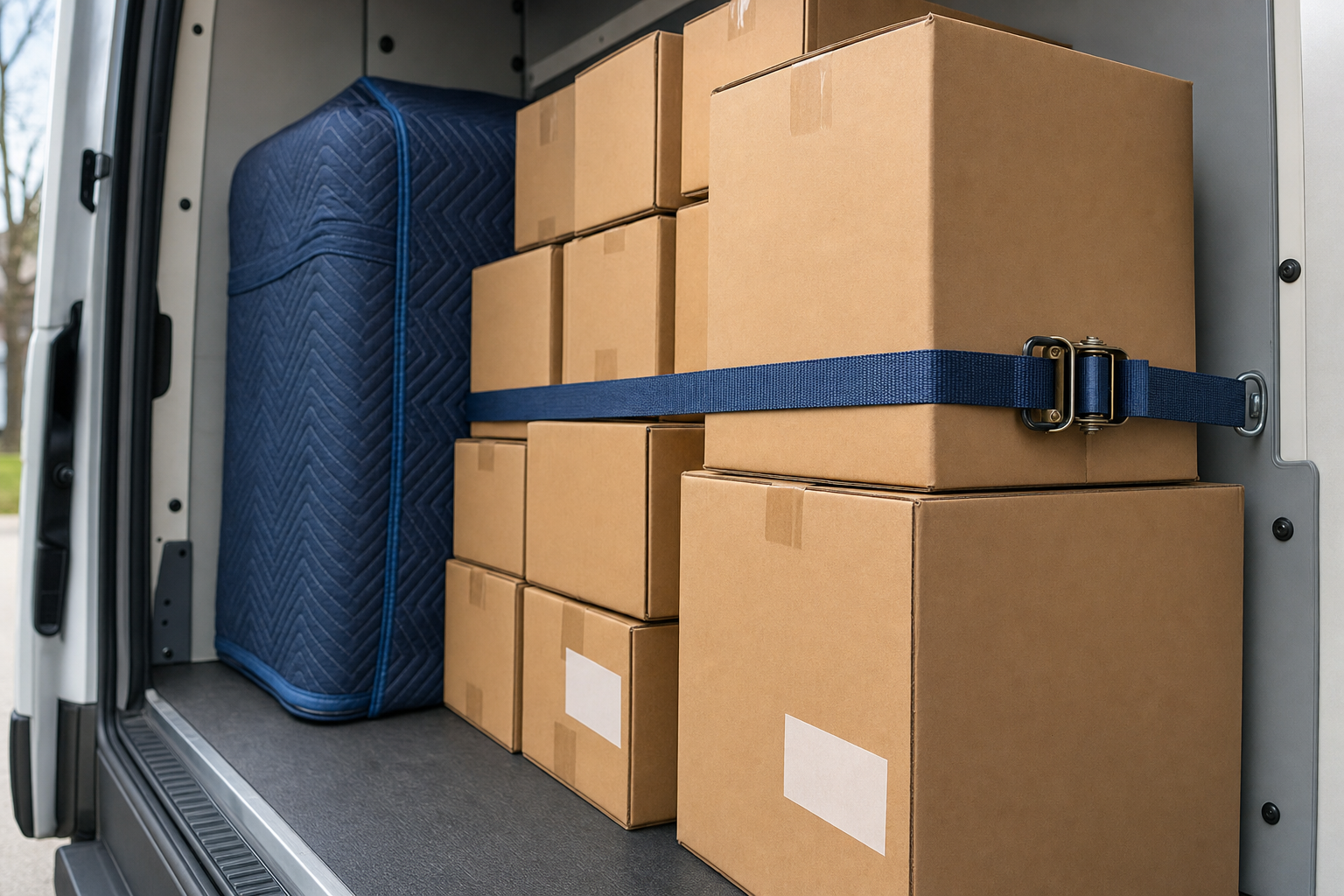 Boxes secured with a blue strap inside a delivery van.