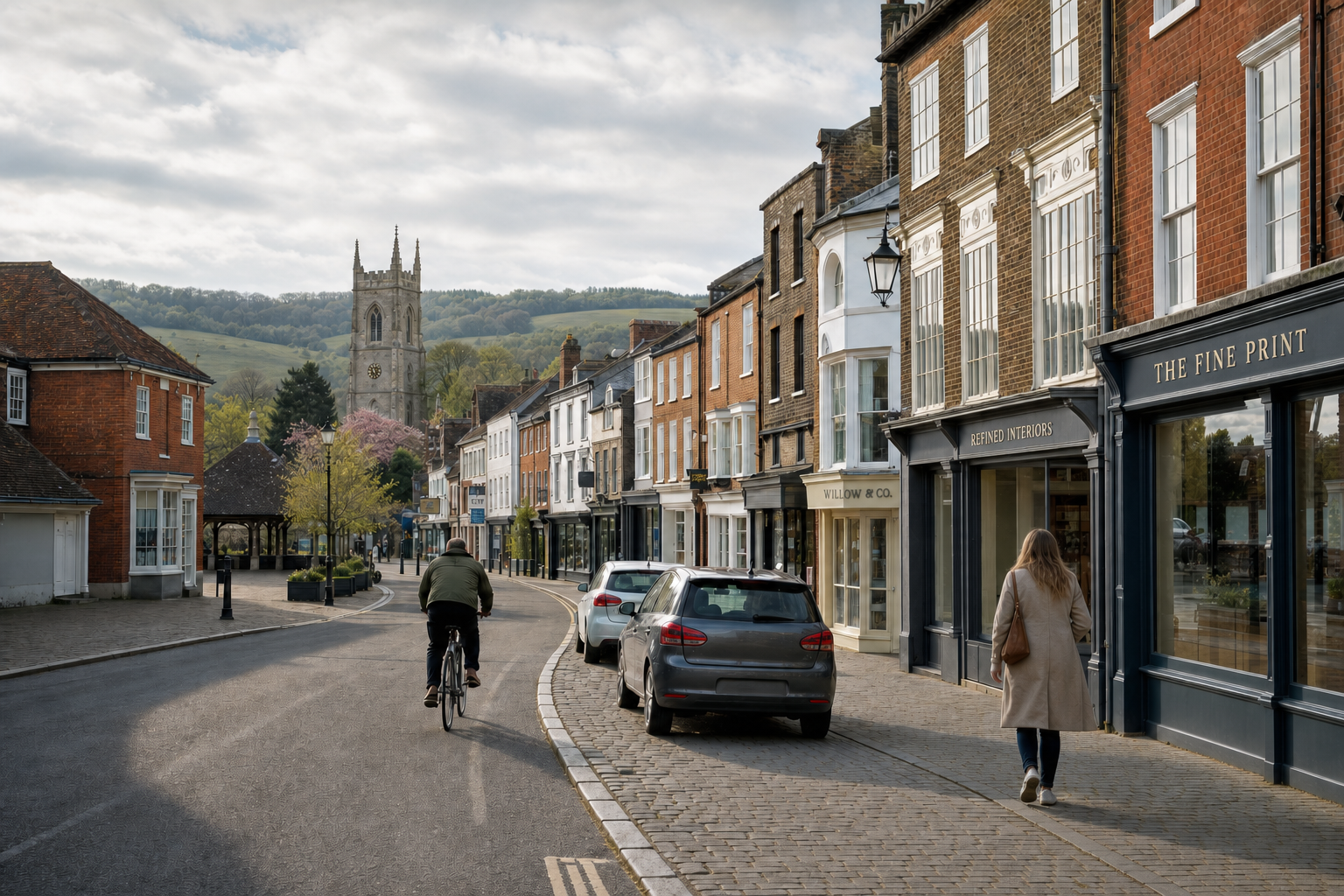 A picturesque street in a historic town with a cyclist, a pedestrian, parked cars, and a church in the background.