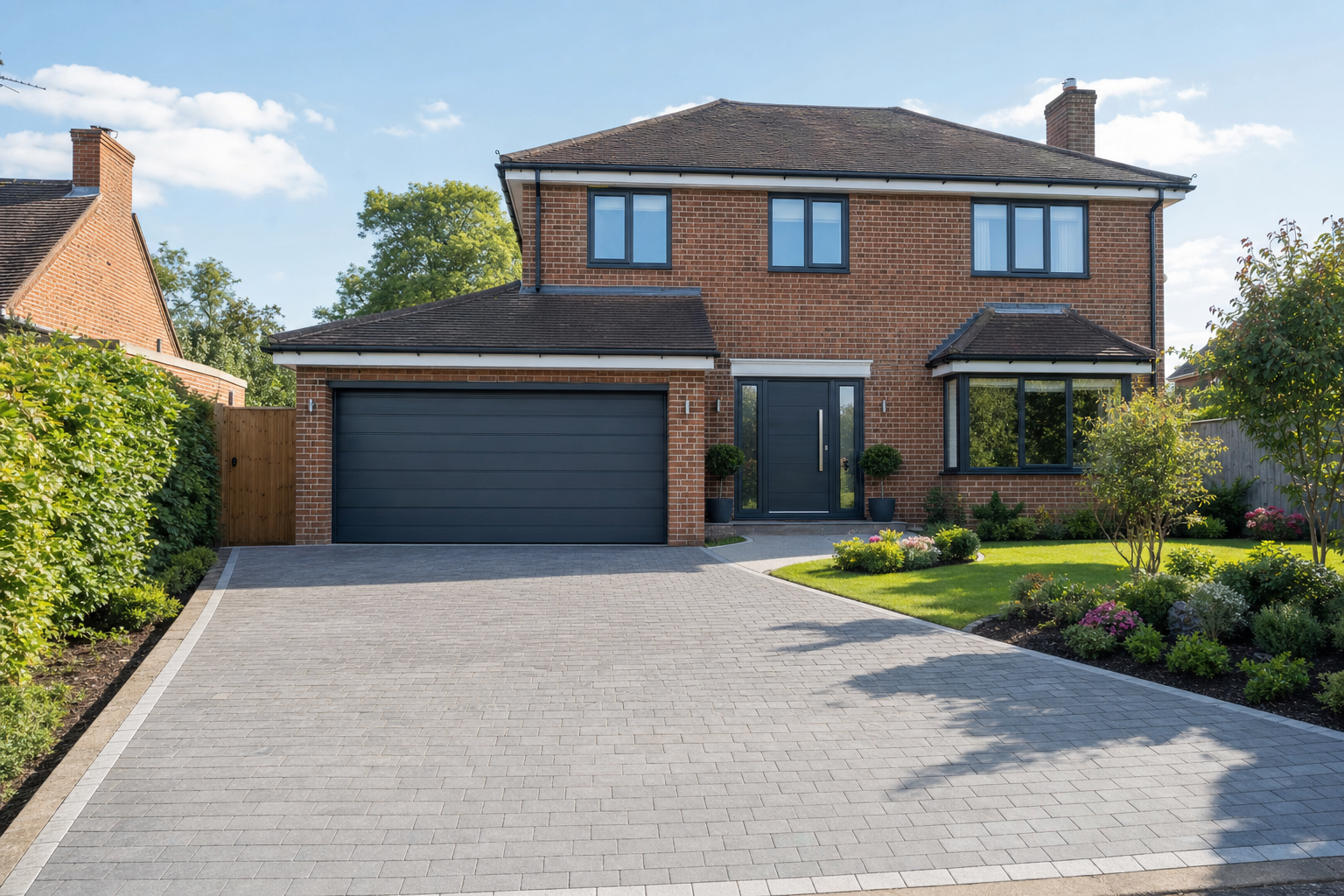 A modern brick house with a two-car garage and a landscaped garden under a clear blue sky.