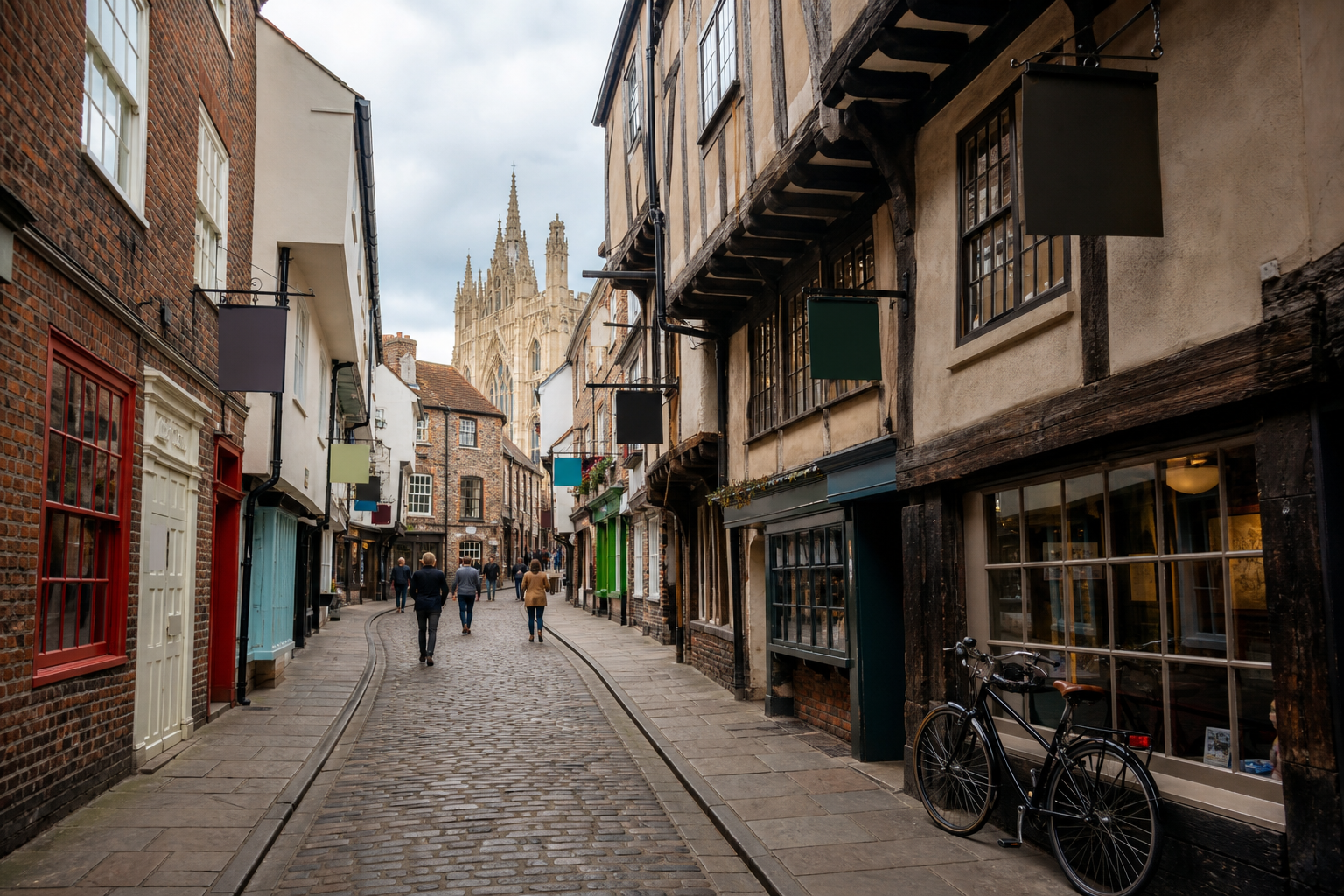 A cobbled street lined with historic buildings leads to a grand cathedral in the background under a cloudy sky.