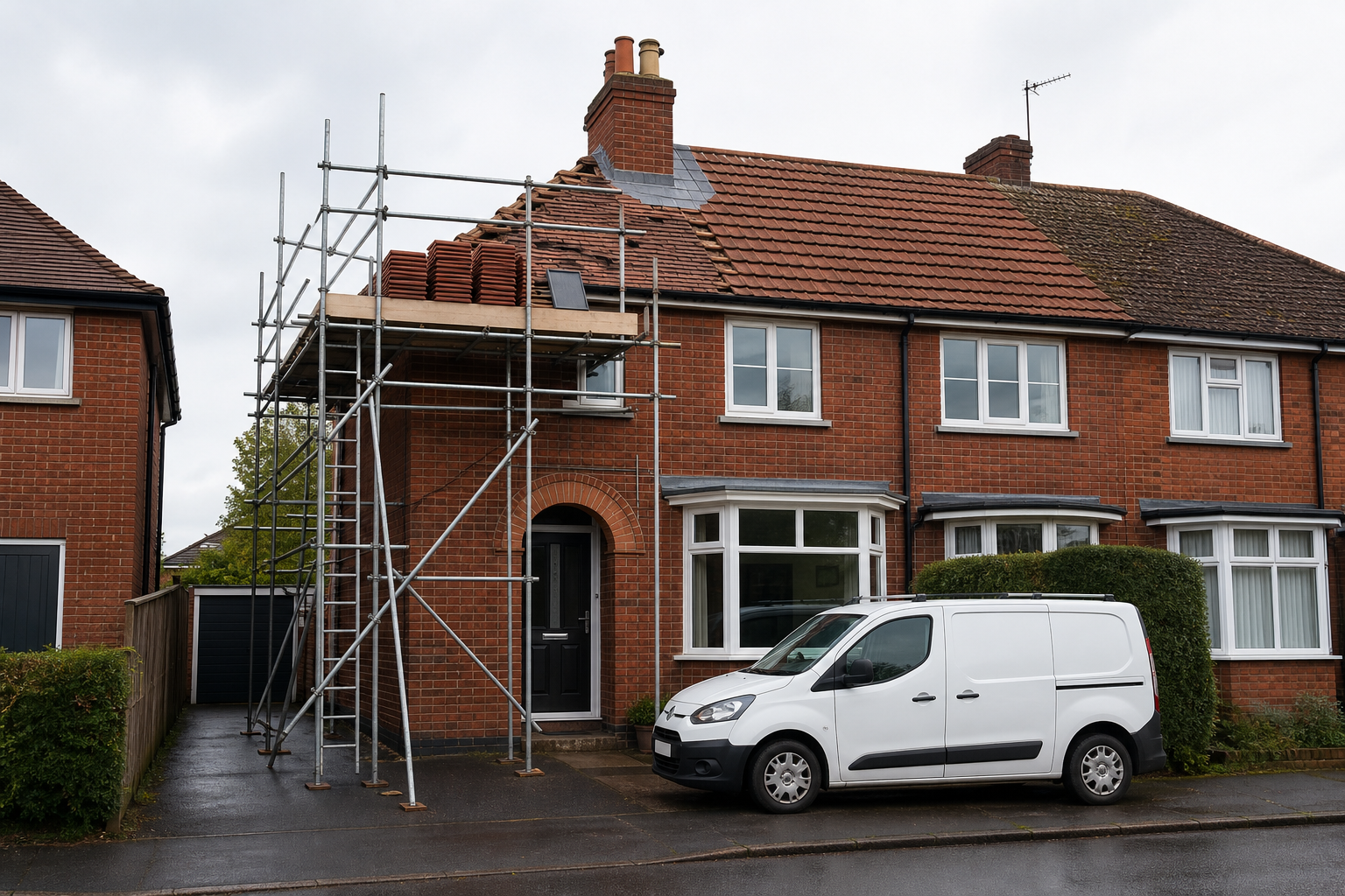 A white van is parked in front of a brick house under roof renovation with scaffolding erected.