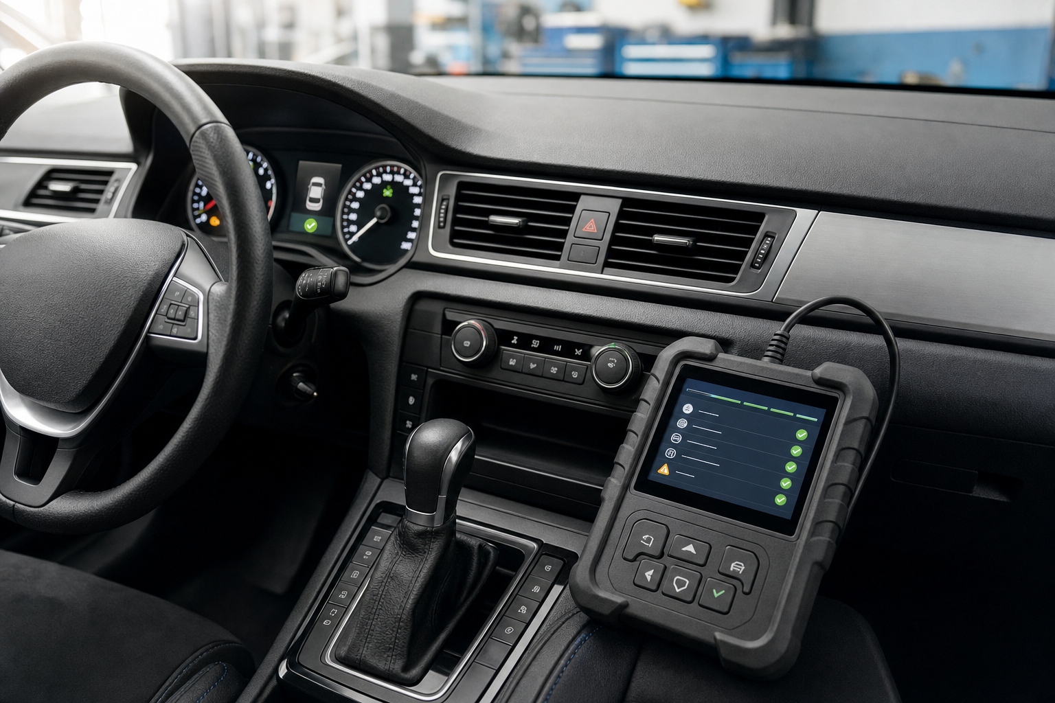 A car diagnostic tool connected to the dashboard, displaying diagnostic status on its screen.