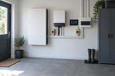 A modern utility room with a white energy storage system, a small olive plant, and grey cabinets alongside wellington boots.