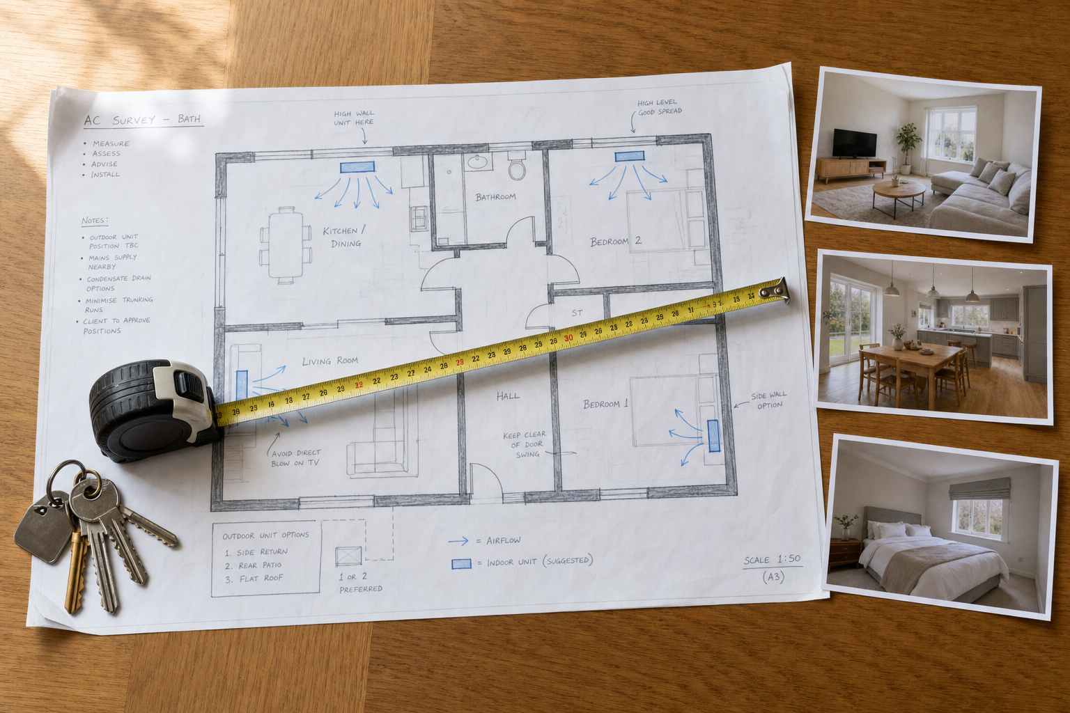 Floor plan with a tape measure and keys on a table, surrounded by photos of a house interior.