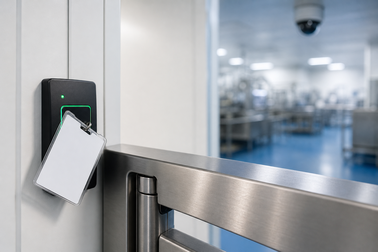 Security access card held near a reader beside an open stainless steel door in an industrial setting.