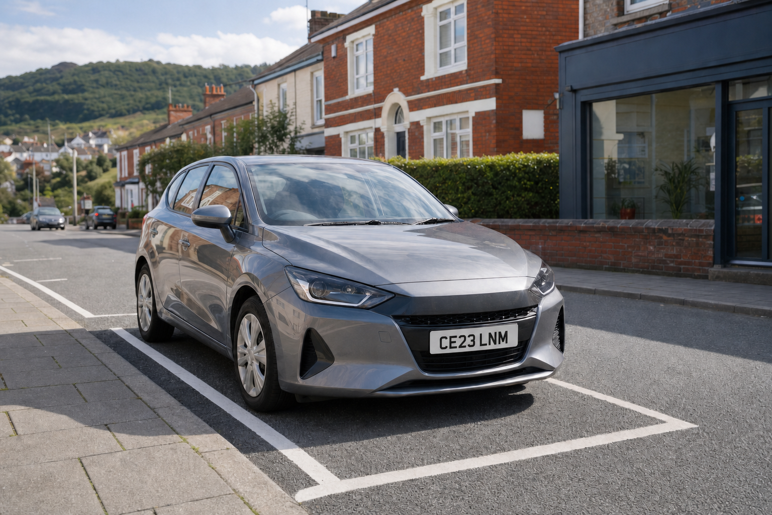 Silver car parked on a quiet residential street with red brick houses and green hills in the background.