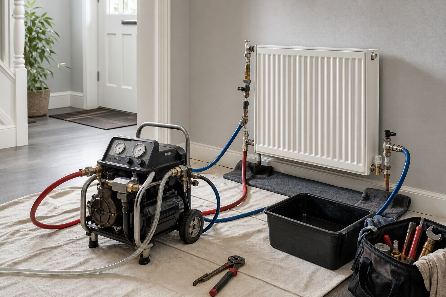 Heating system maintenance setup with a pump, hoses, tools, and radiator.
