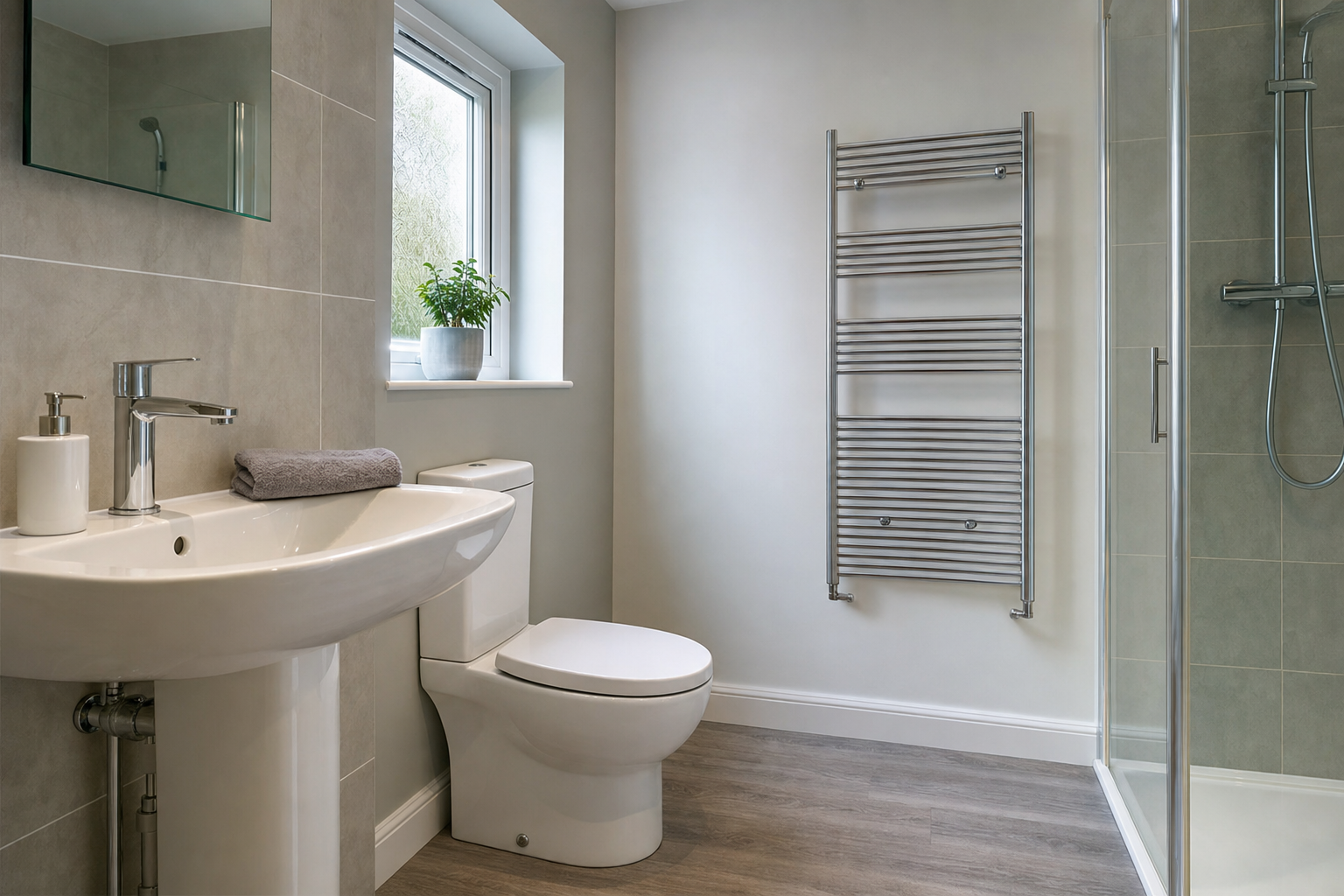 Modern bathroom featuring a sink, toilet, towel rack, and glass shower with a potted plant on the windowsill.