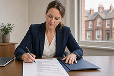 A woman in a navy suit signs an employment agreement at a desk near a window with houses visible outside.