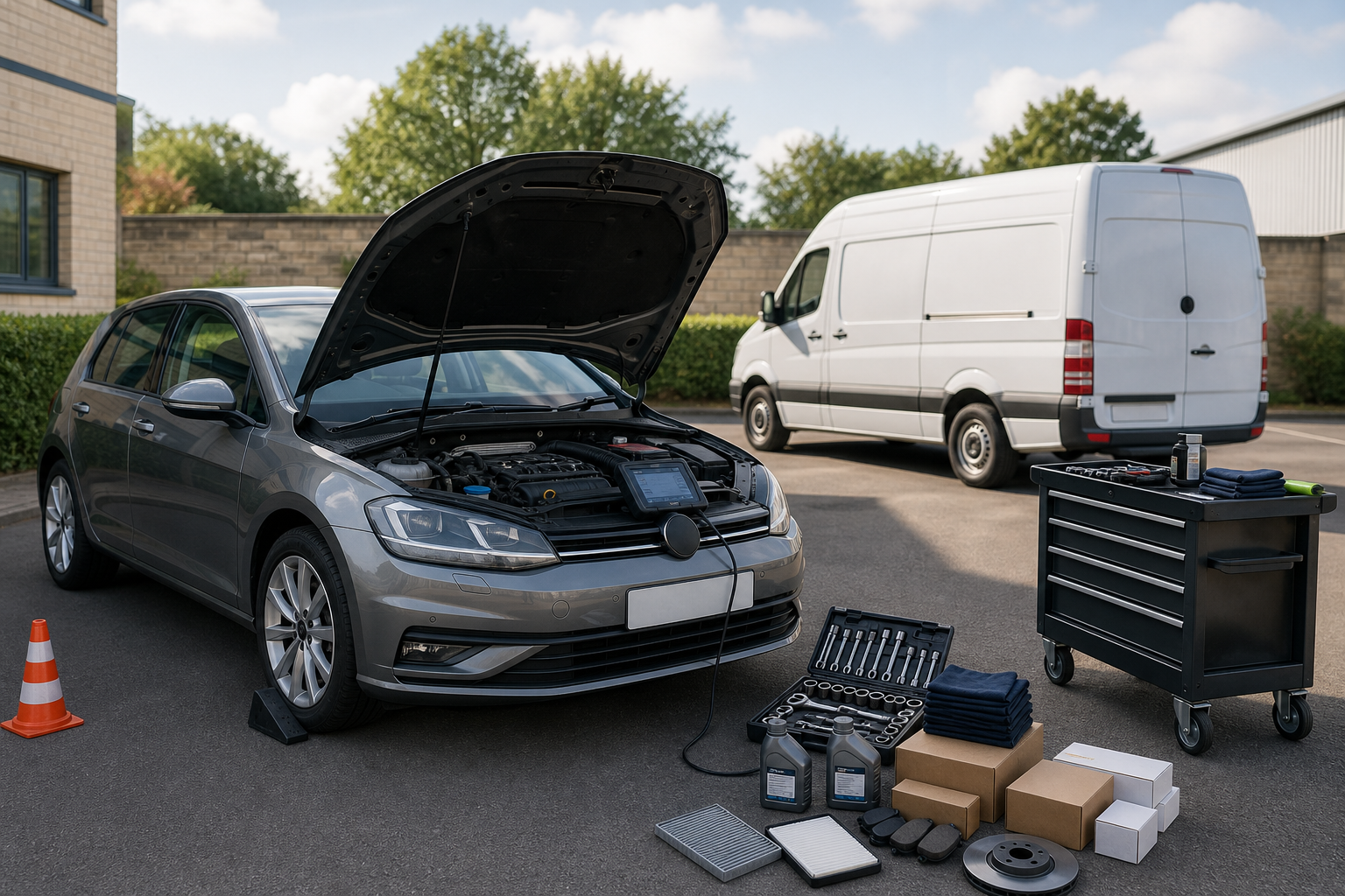 Car with hood open for maintenance, surrounded by tools, equipment, and a nearby van.