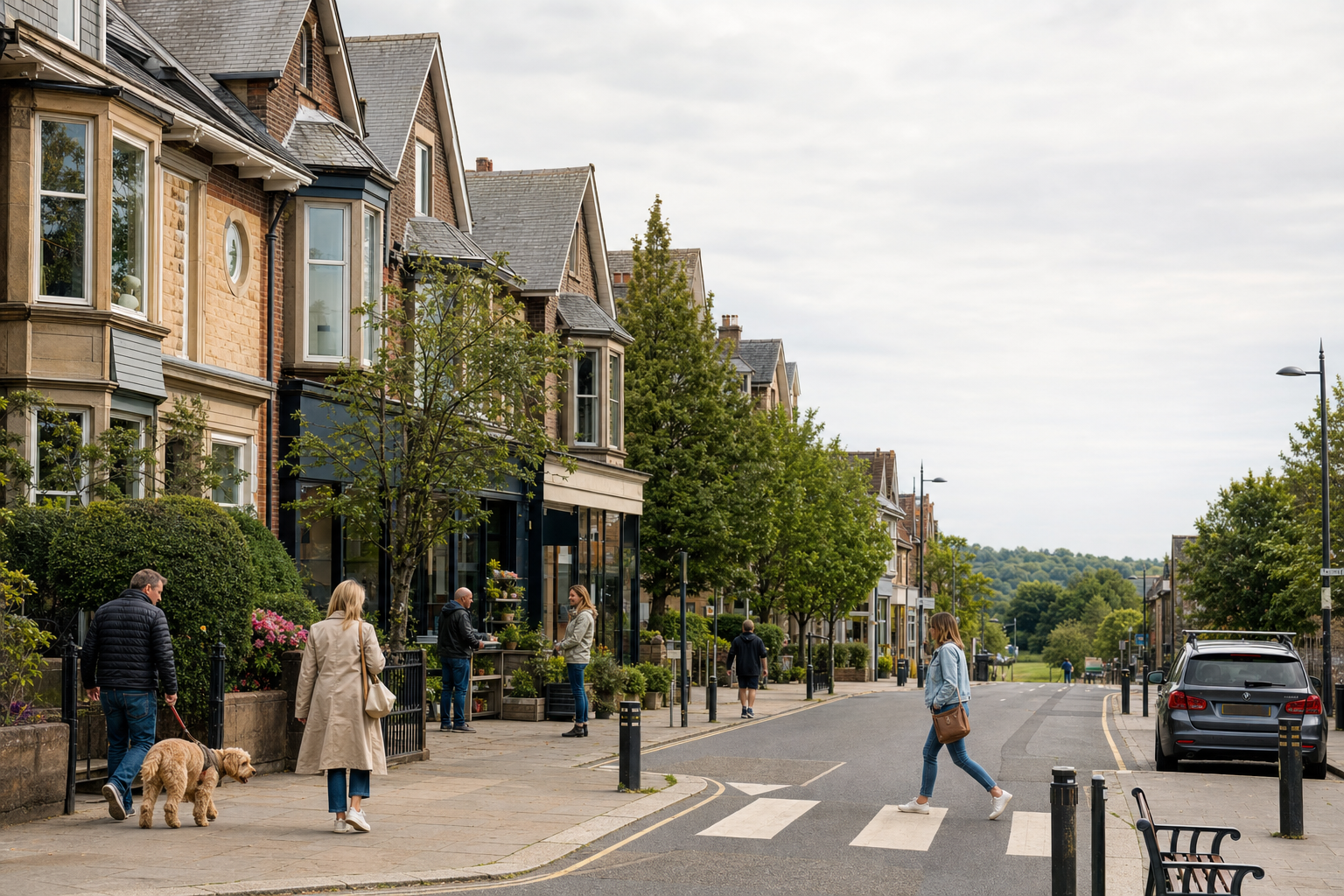 A bustling street scene with people walking, a person crossing a zebra crossing, and terraced houses lining the road.