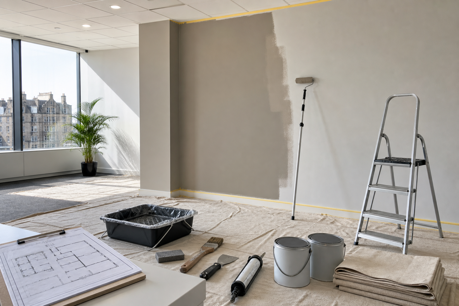 A partially painted room with tools, paint cans, a ladder, and floor plans near a large window.