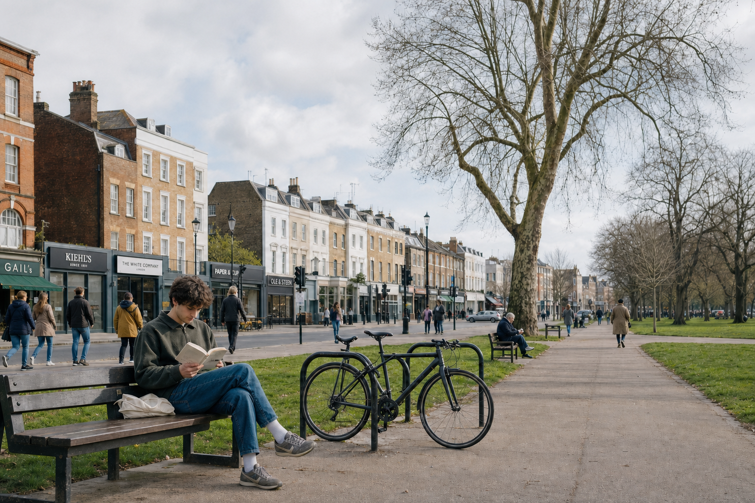 A person sitting on a park bench reads a book near a row of shops on a cloudy day.