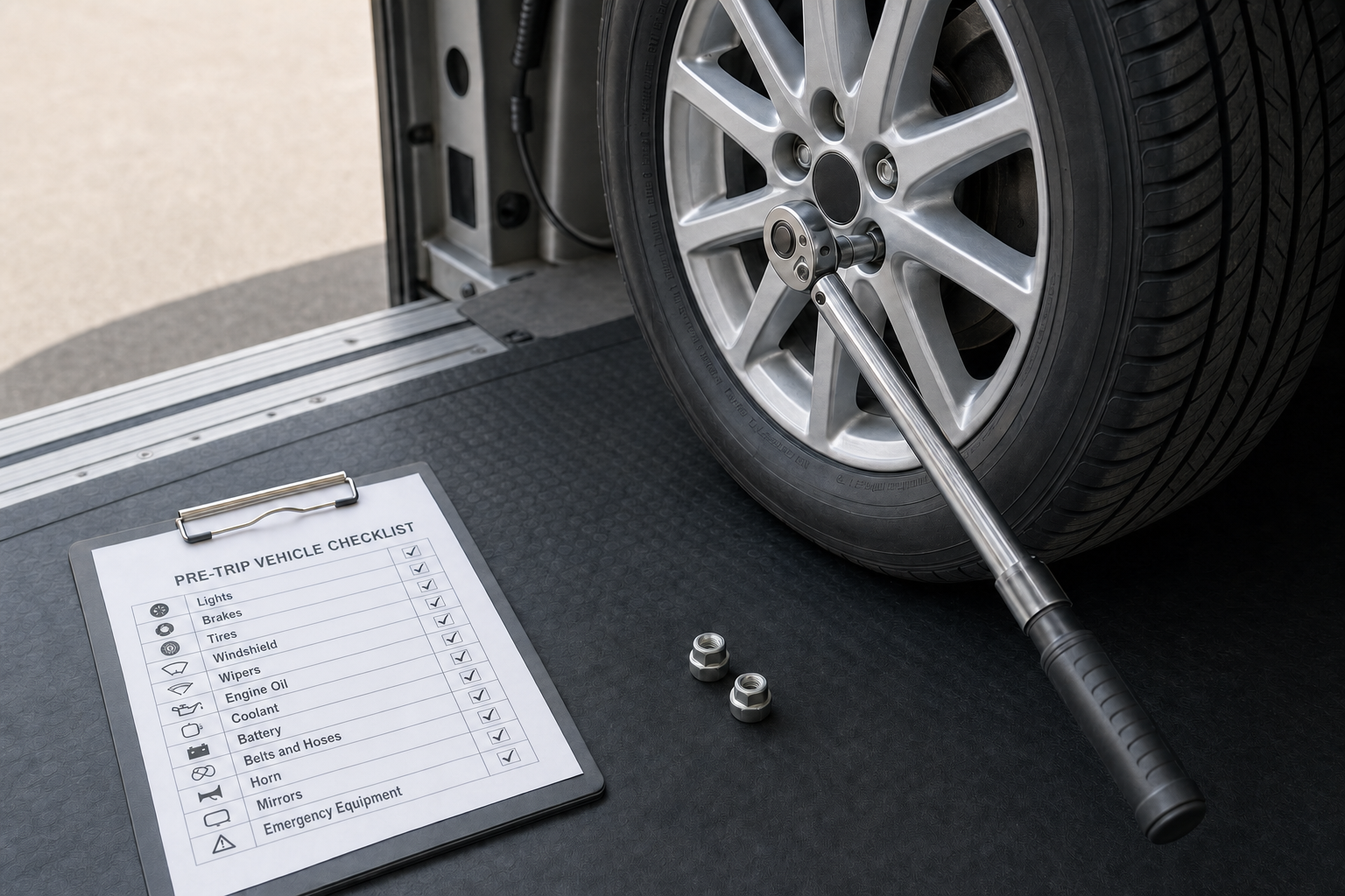 A vehicle wheel with a wrench attached, two lug nuts nearby, and a pre-trip checklist on the floor.