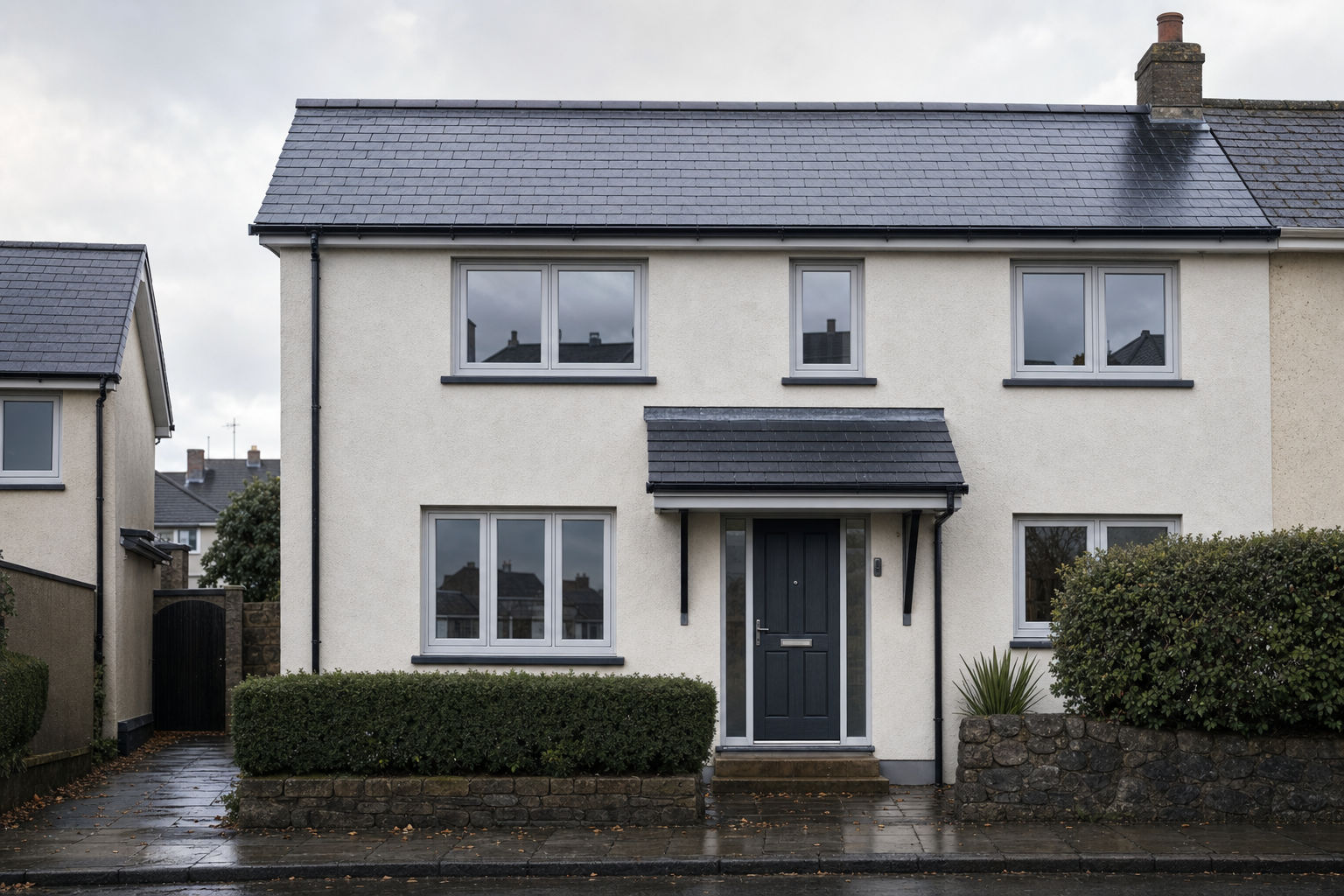 Modern two-storey house with grey roof, central dark door, and hedges in a suburban setting.