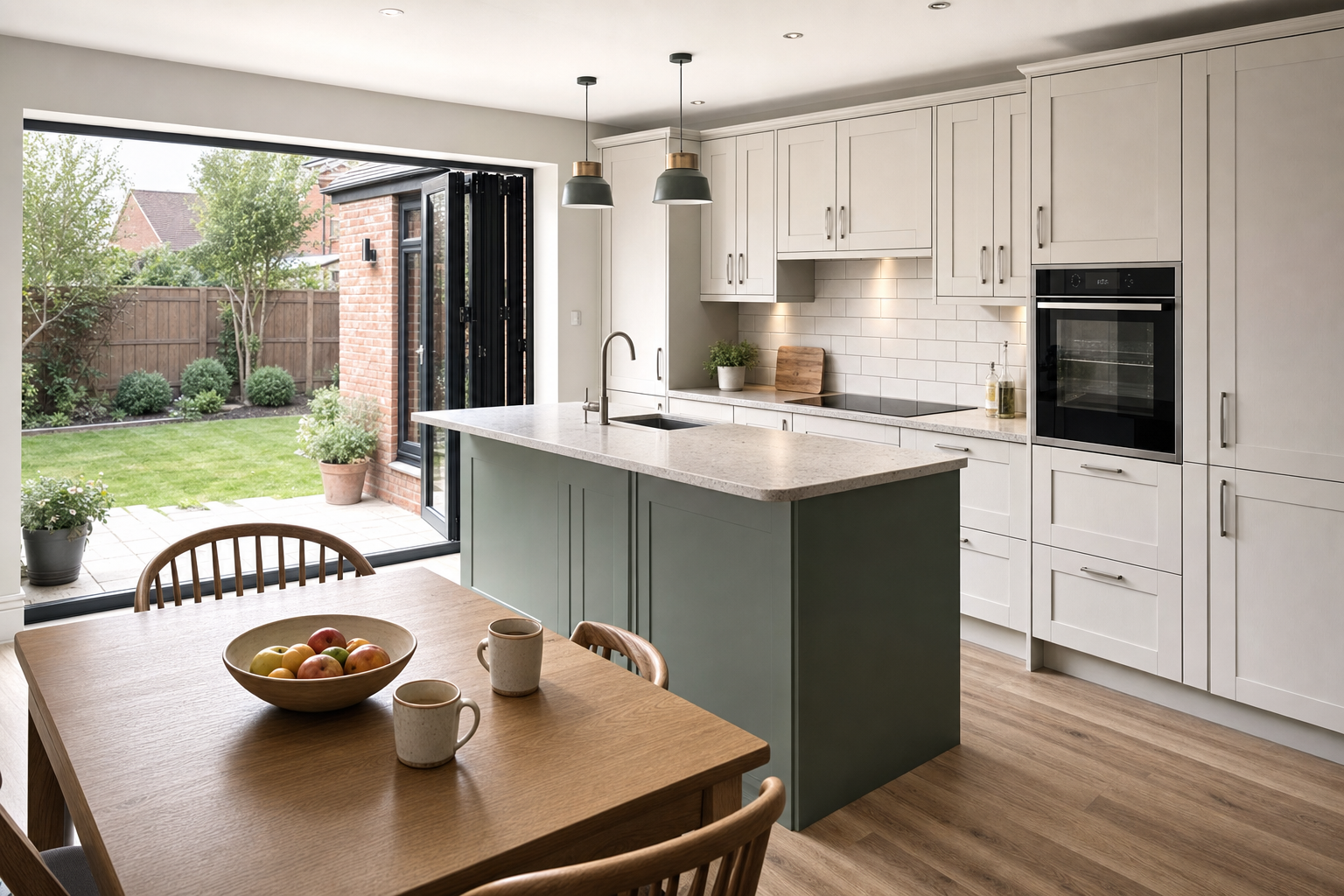 Modern kitchen with white cabinets and a central island, overlooking a garden through large open patio doors.