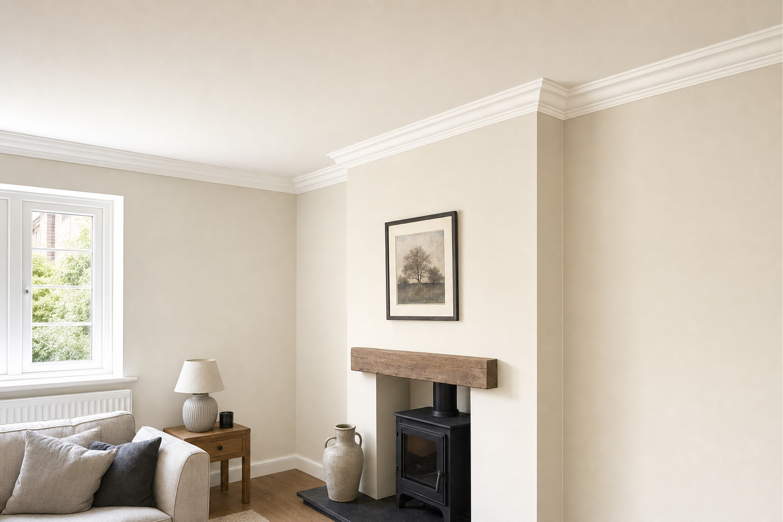 A cosy living room with a beige sofa, a wooden table, a framed painting, and a black wood-burning stove.