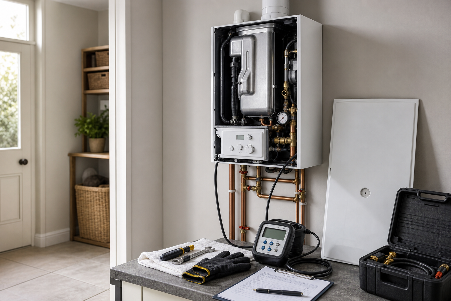 Wall-mounted boiler with exposed pipes and diagnostic tools on a counter.