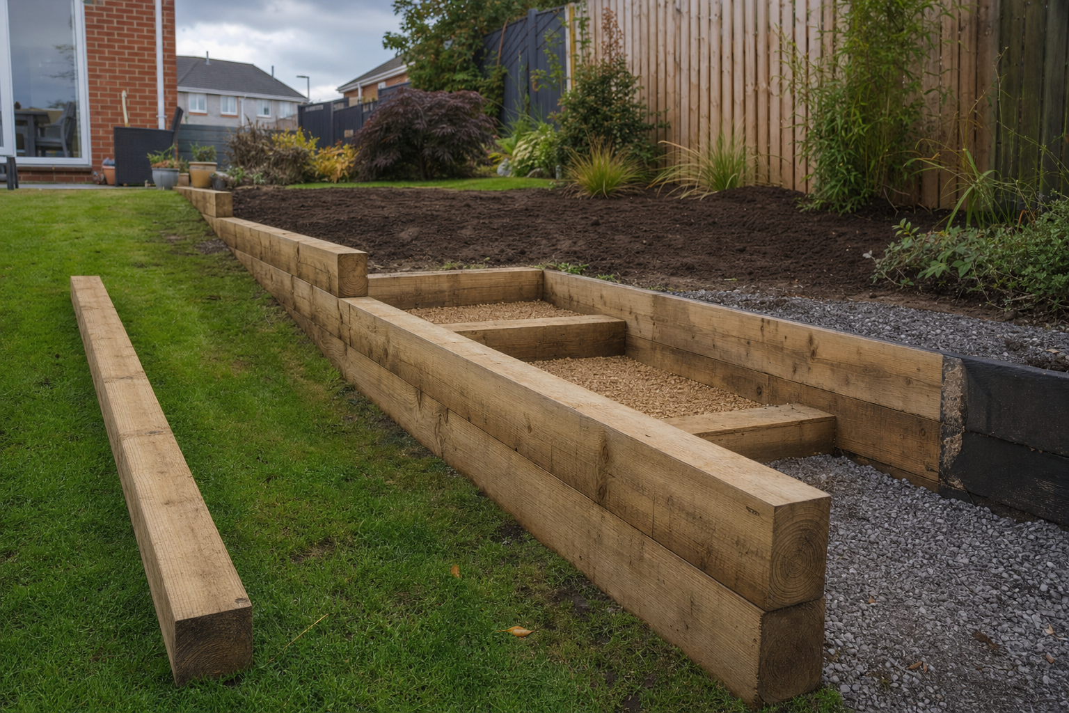Wooden retaining wall with terraced steps in a landscaped garden beside a house.