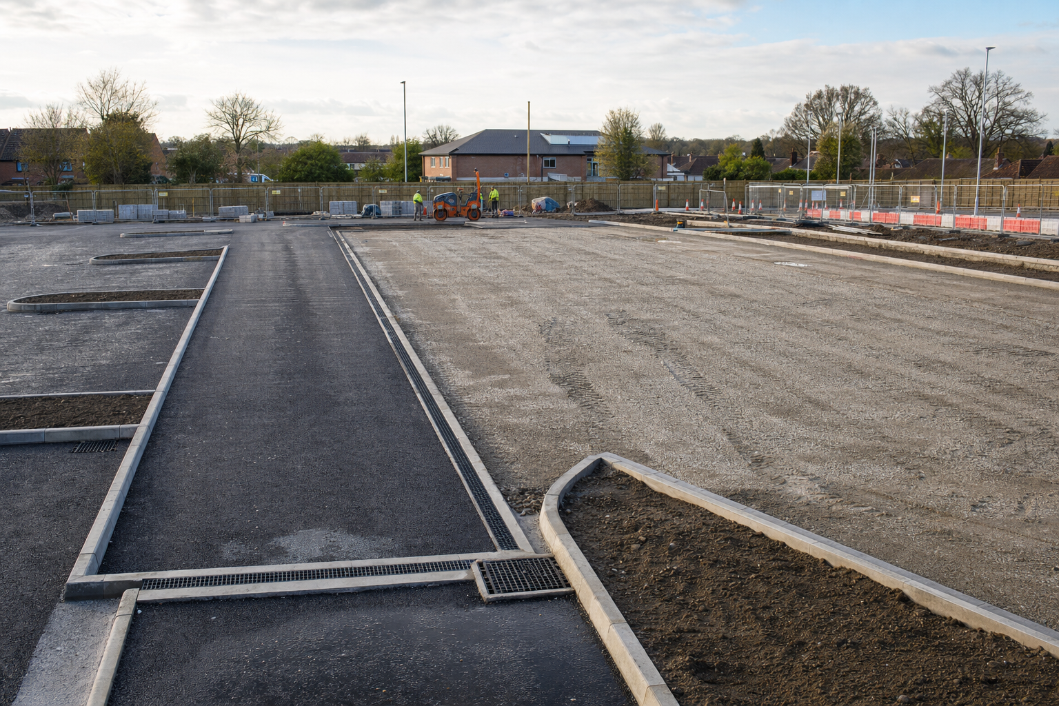 A newly paved tarmac area with partially completed parking spaces surrounded by construction and residential buildings.