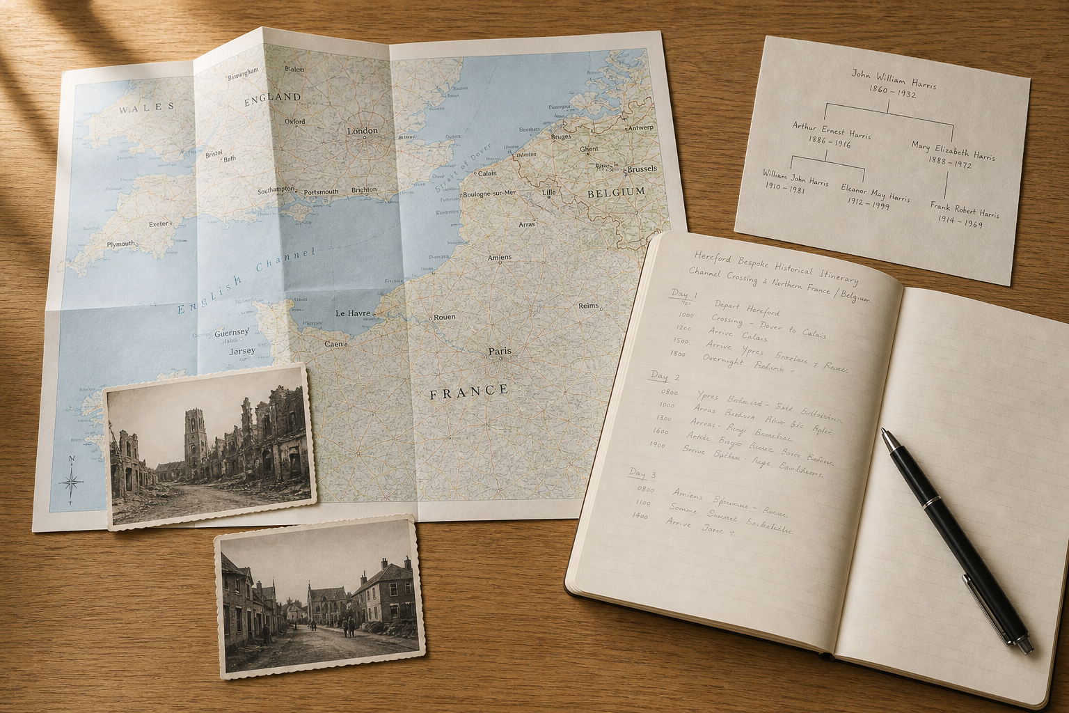 Map of northern France and England on a table with vintage photos, a handwritten itinerary, and a family tree chart.