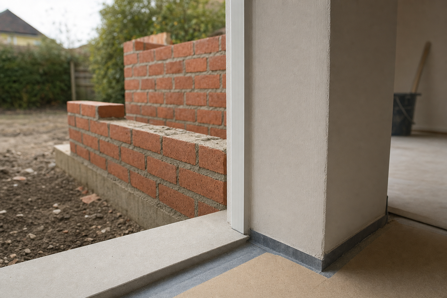 Partially constructed brick extension next to a finished interior with a concrete floor.