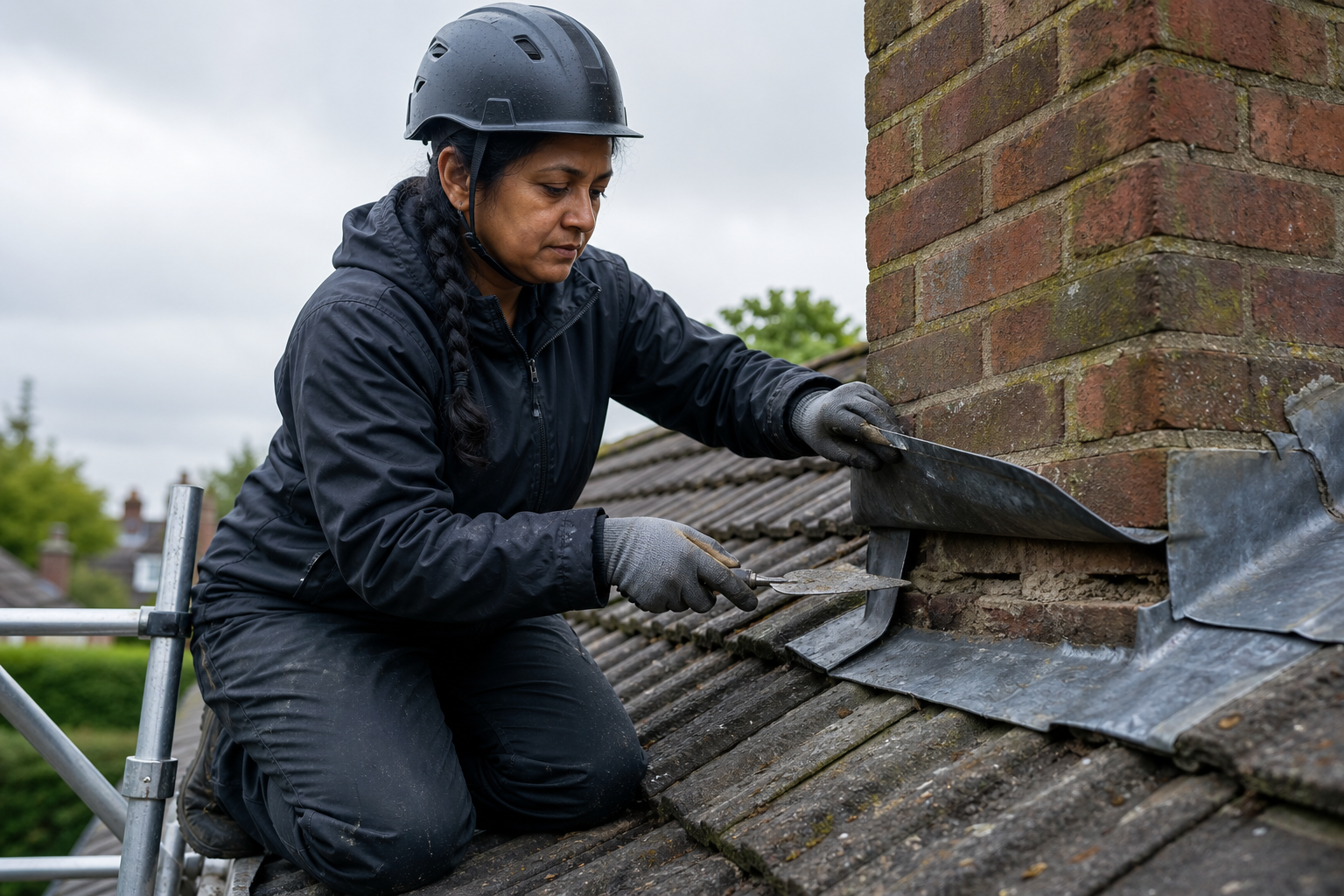A roofer wearing a helmet and gloves repairs flashing around a chimney on a tiled roof.