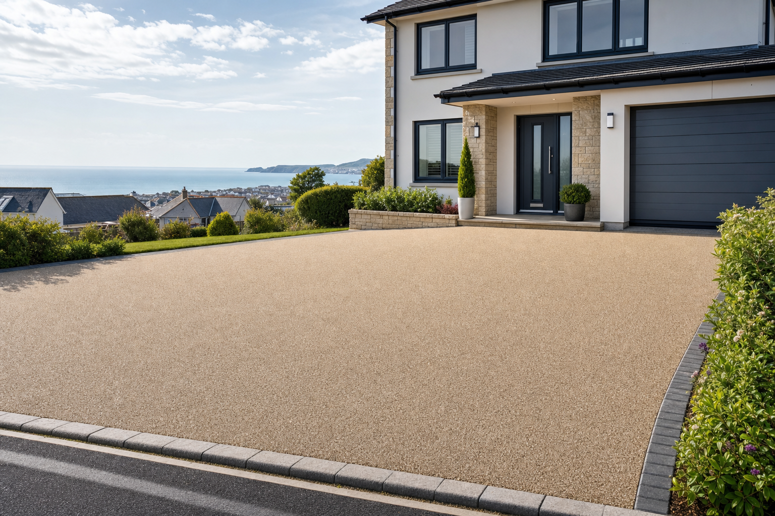 Modern house with a spacious driveway and a view of the sea in the background.