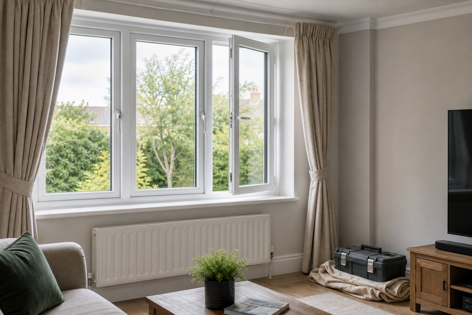 Bright living room with a large window, beige curtains, and a soft glow of natural light.