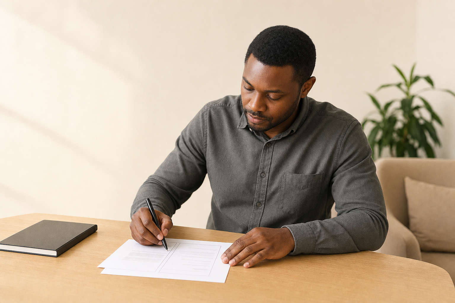 Man sitting at a table writing on documents with a notebook nearby and a plant in the background.
