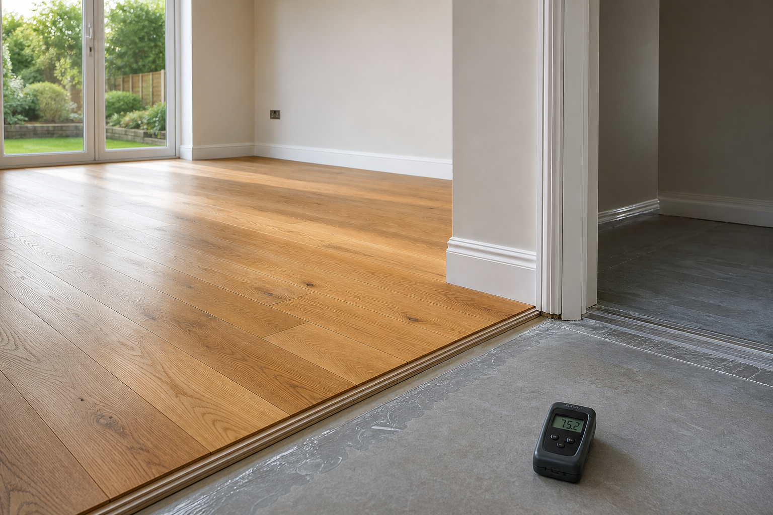 Newly installed wooden flooring transitioning to concrete, with a moisture meter reading nearby.
