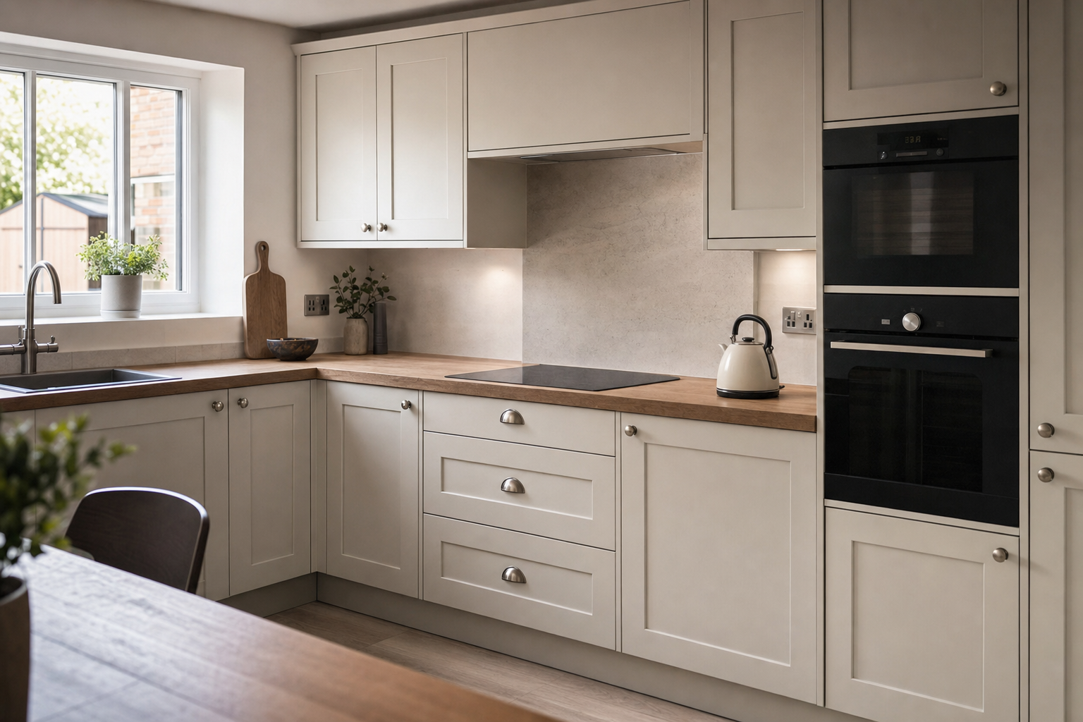 Modern kitchen with white cabinets, wooden countertops, a built-in oven, and natural light from a large window.