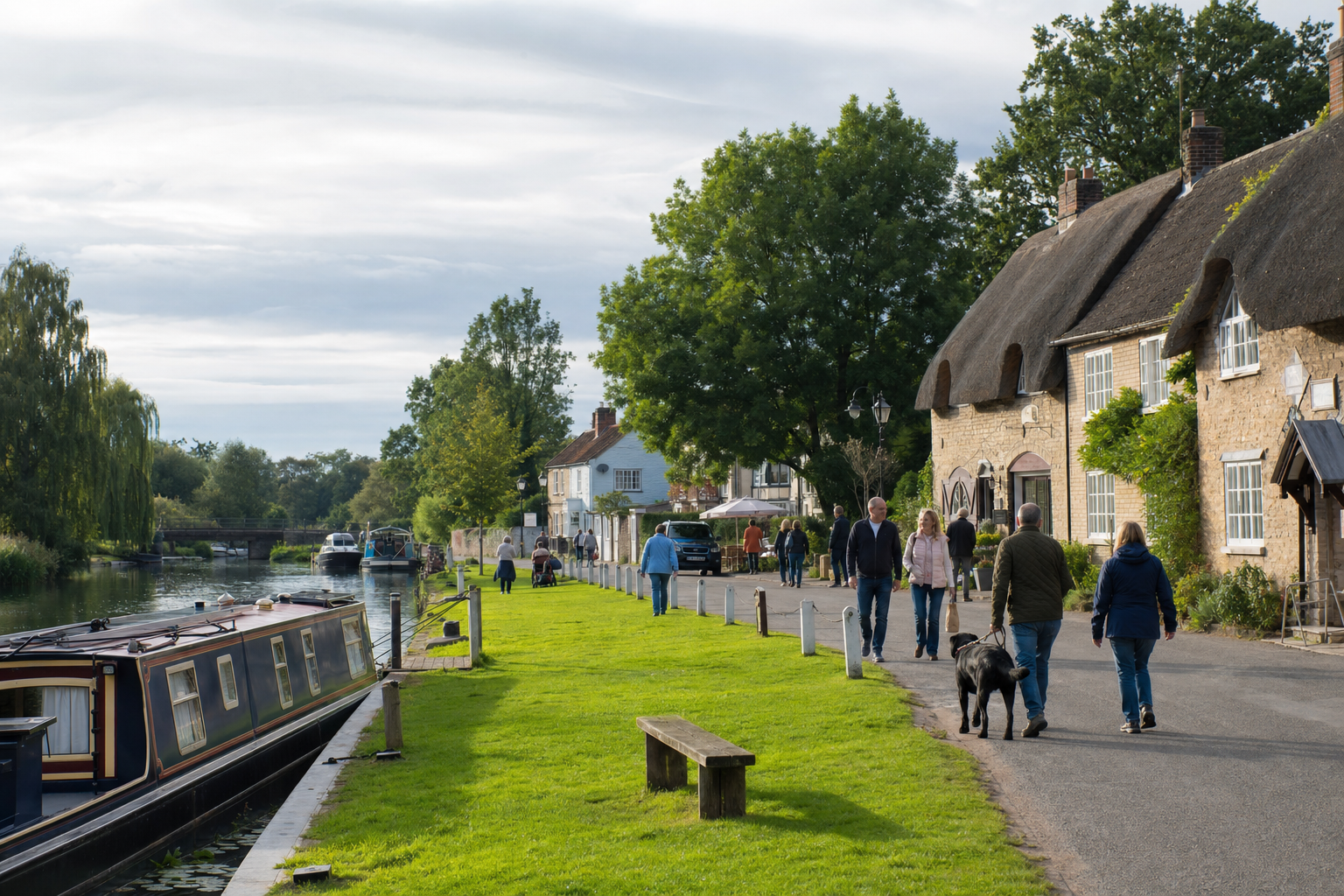 People walking along a riverside path with moored narrowboats and thatched cottages in a quaint village setting.
