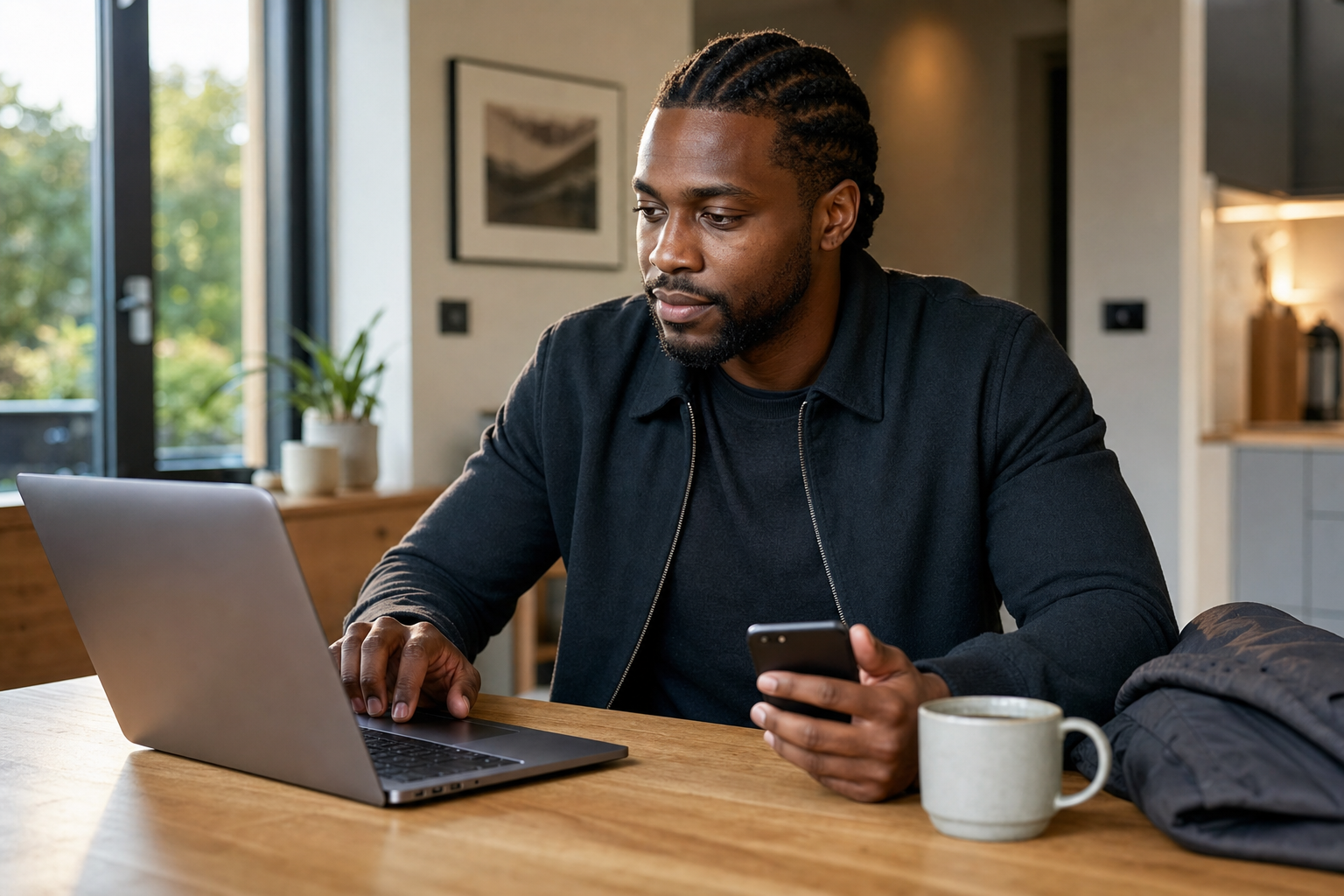 A man with braided hair works on a laptop and holds a smartphone at a wooden table in a modern home.