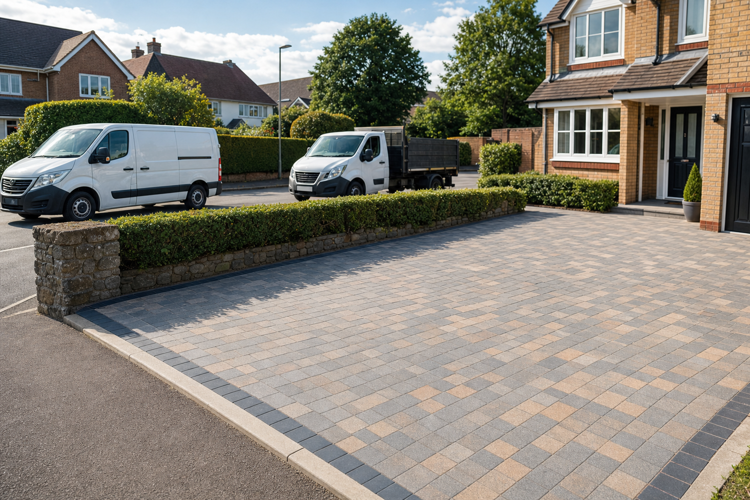 A modern suburban house with a neatly paved driveway and hedges, flanked by parked white vans on the street.
