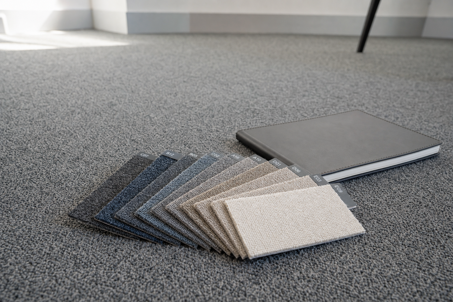 Carpet samples in various shades of grey and beige are fanned out on a matching carpeted floor beside a grey notebook.