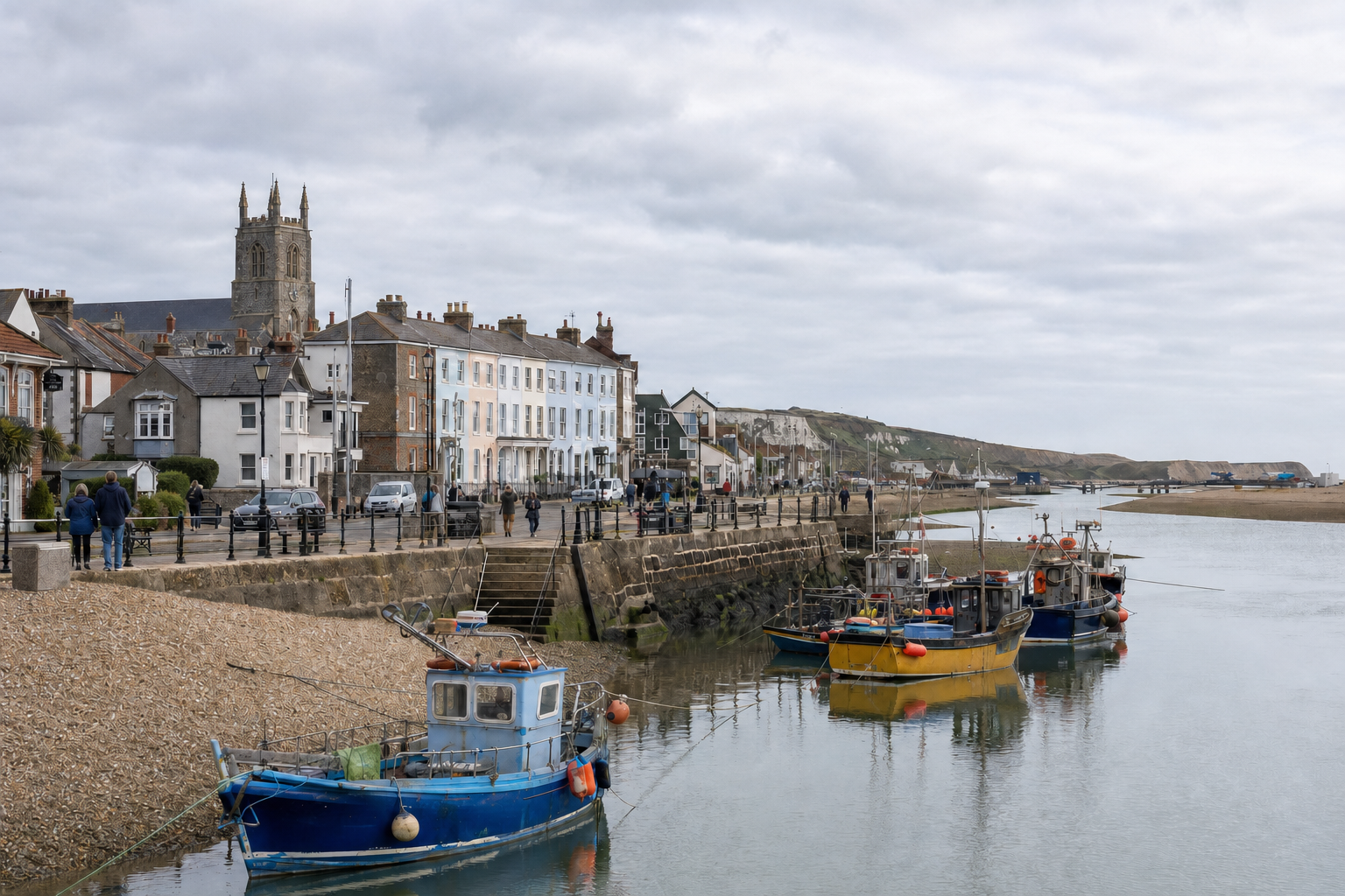 Colourful fishing boats docked along a quaint harbour lined with historic buildings and a church tower in the background.