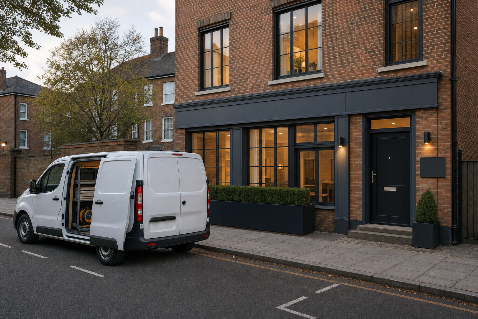 A parked white van with open doors is beside a modern brick building on a quiet street.