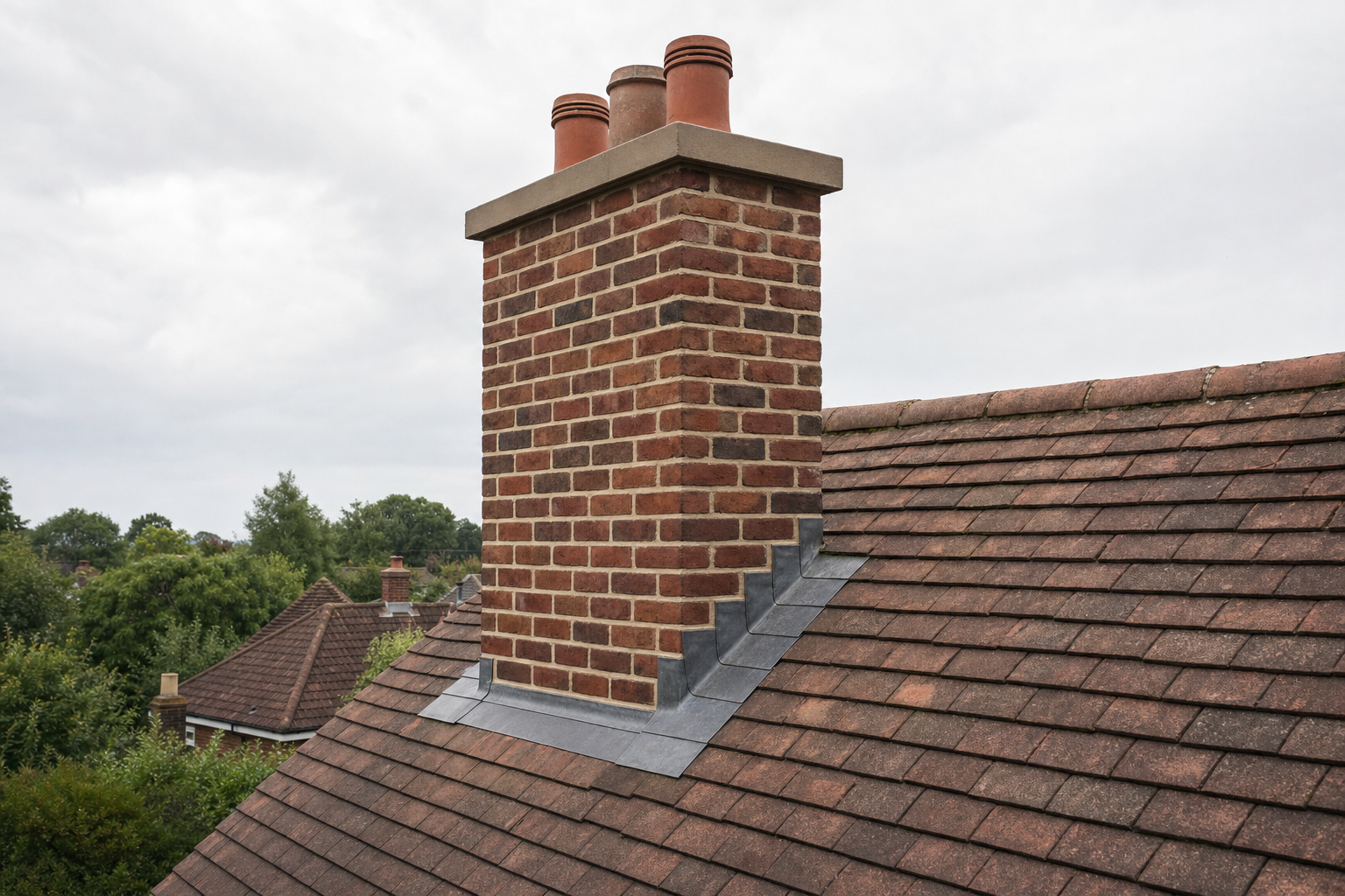 A brick chimney with three pots sits atop a sloped tiled roof against a cloudy sky backdrop.