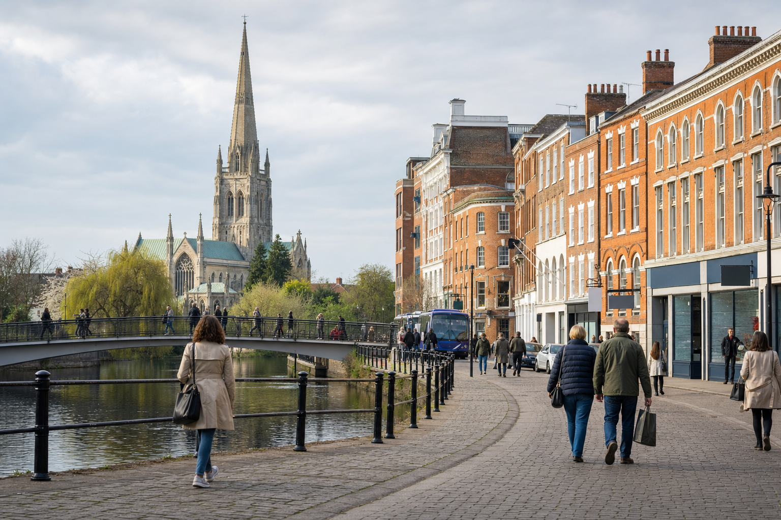 A bustling street by a river with people walking, featuring a prominent church spire in the background.