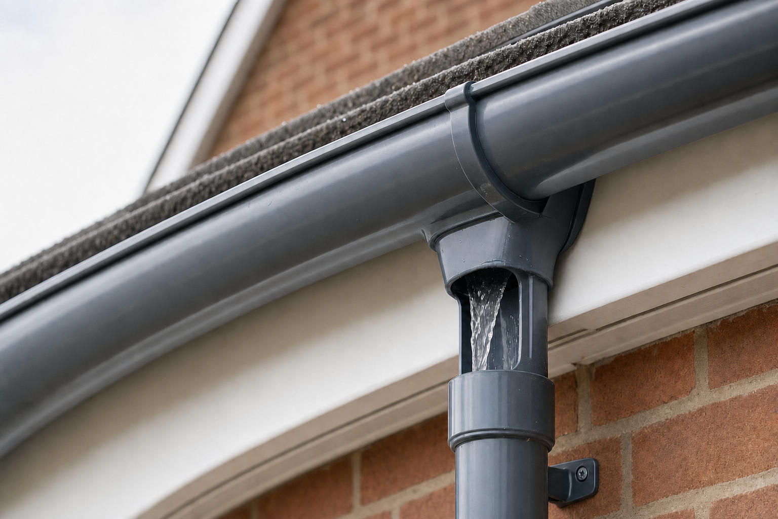 Water flows through a grey gutter system attached to the edge of a house roof.