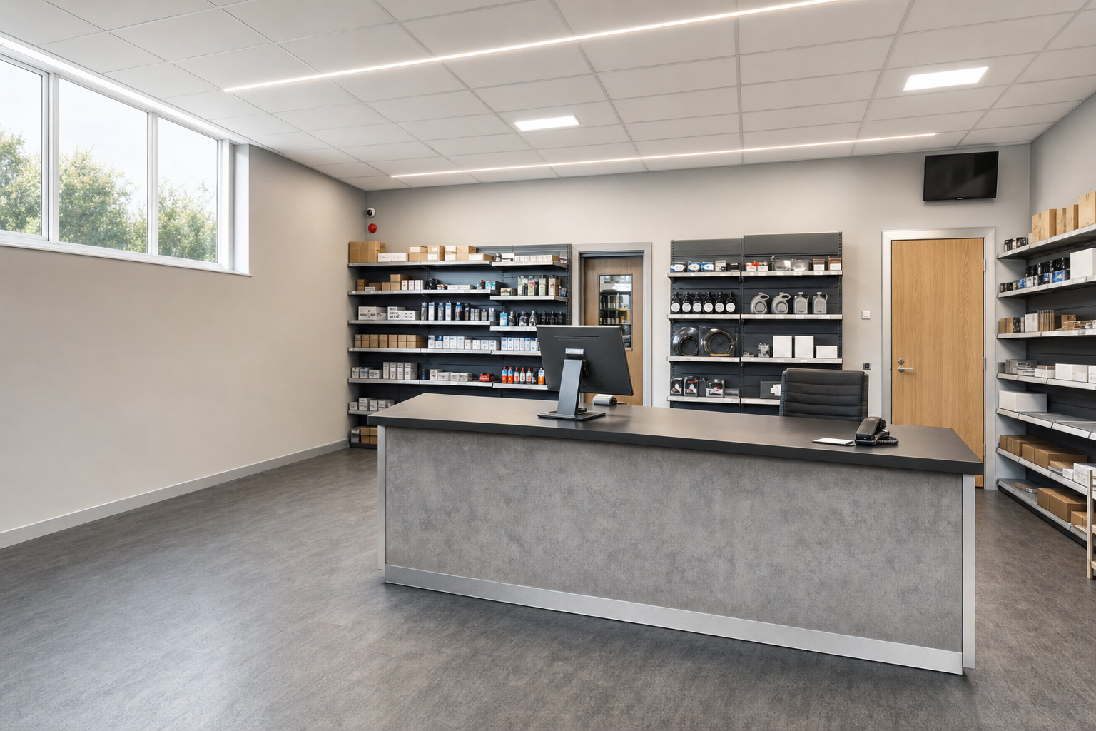 A modern office reception area with shelves stocked with various products behind a large grey desk.