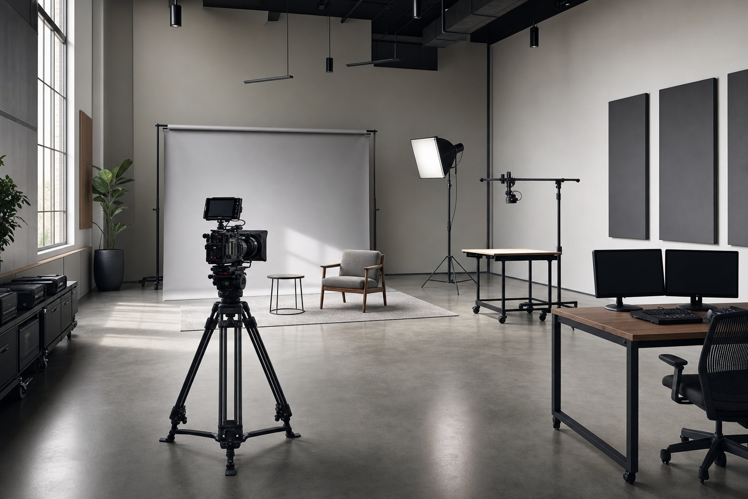 A professional photography studio setup with a camera on a tripod, softbox lighting, and a chair against a large backdrop.