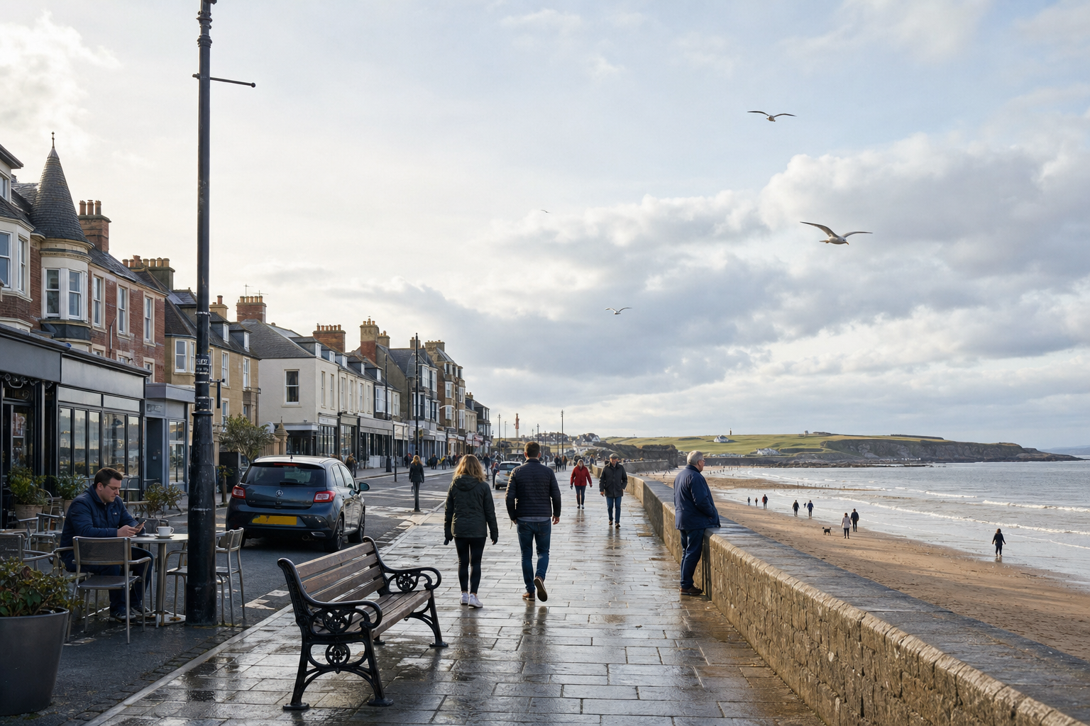 People stroll along a wet promenade beside a sandy beach on a cloudy day, with seagulls flying overhead.
