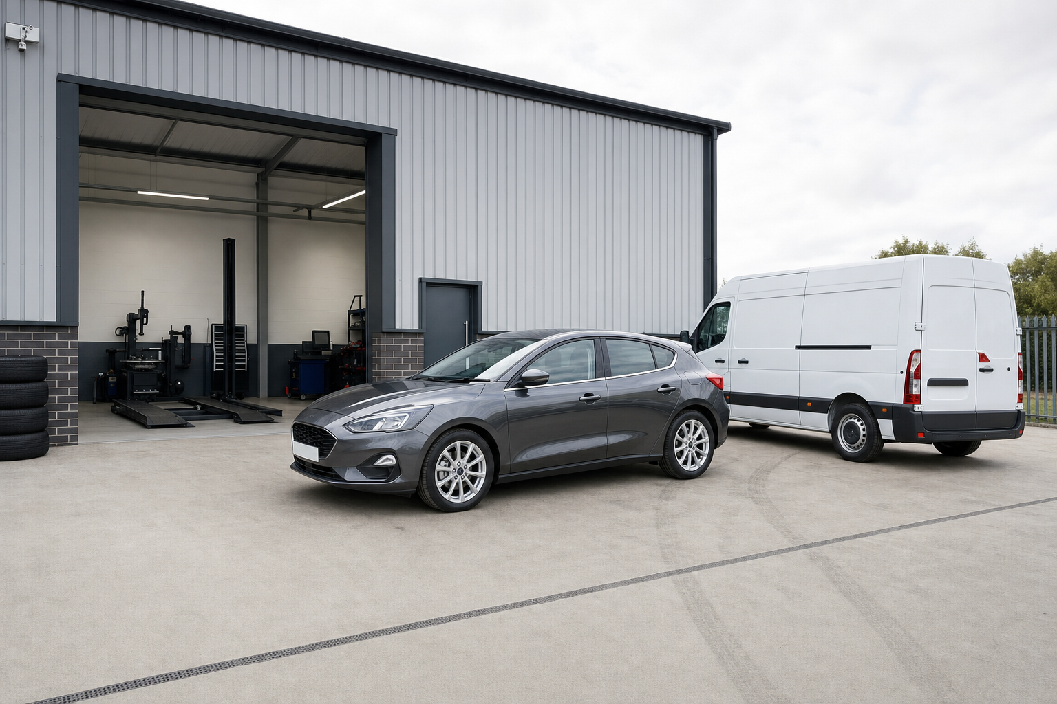 A grey car and a white van parked outside an open garage with tyre equipment visible inside.