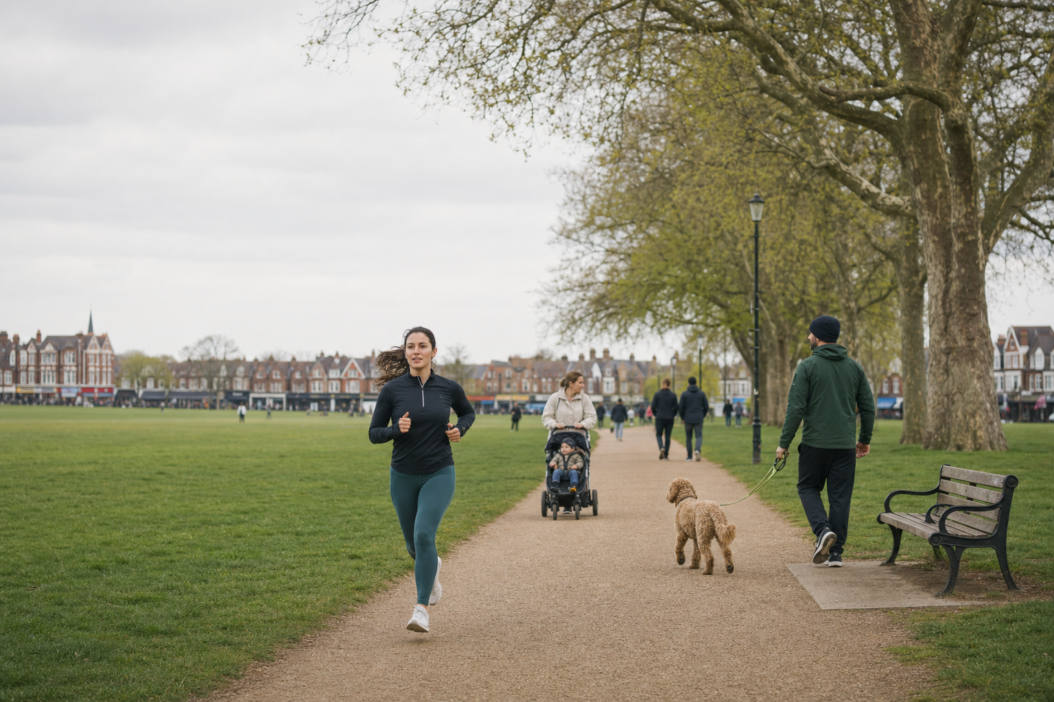 Woman jogging on a park path with people walking and trees lining the way on a cloudy day.