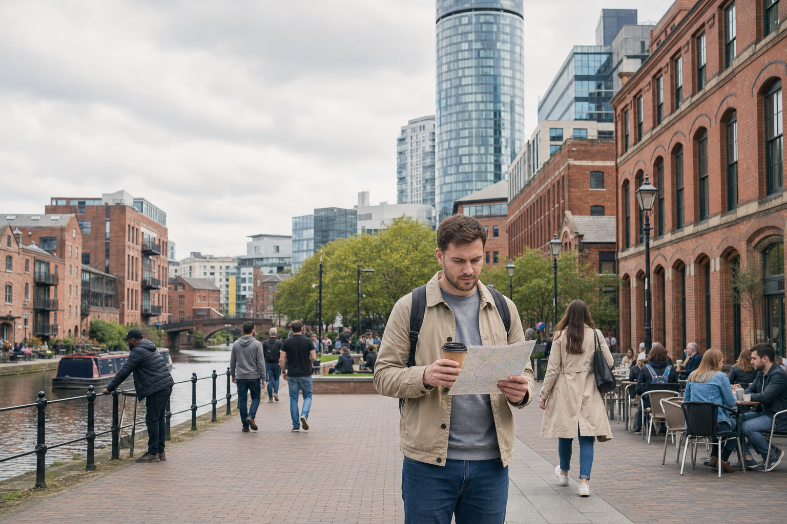 A man holding a map and cup stands on a canal walkway surrounded by people and red brick buildings in an urban setting.