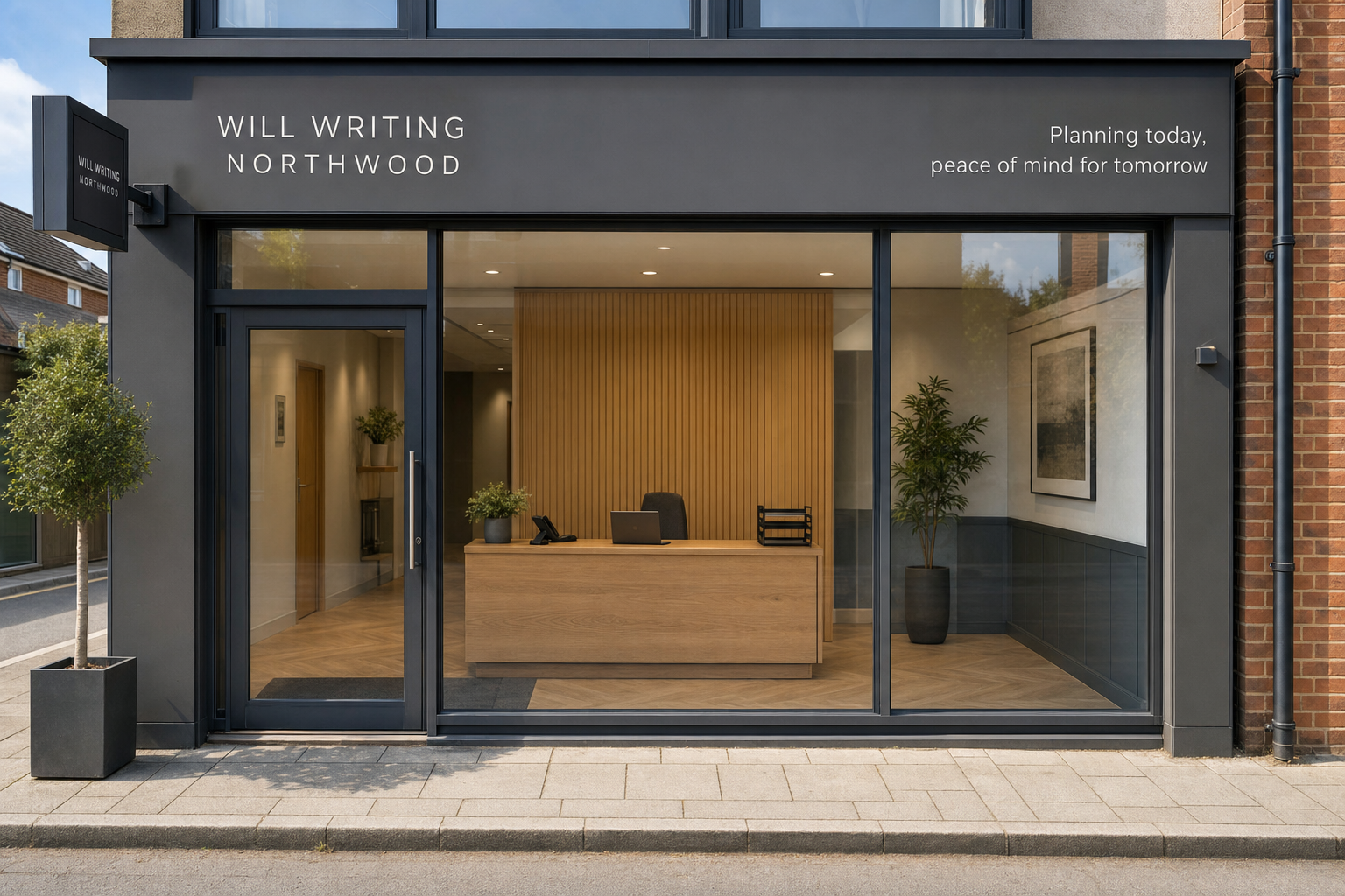 Modern estate office with a wooden reception desk and minimalist decor viewed through a glass front.