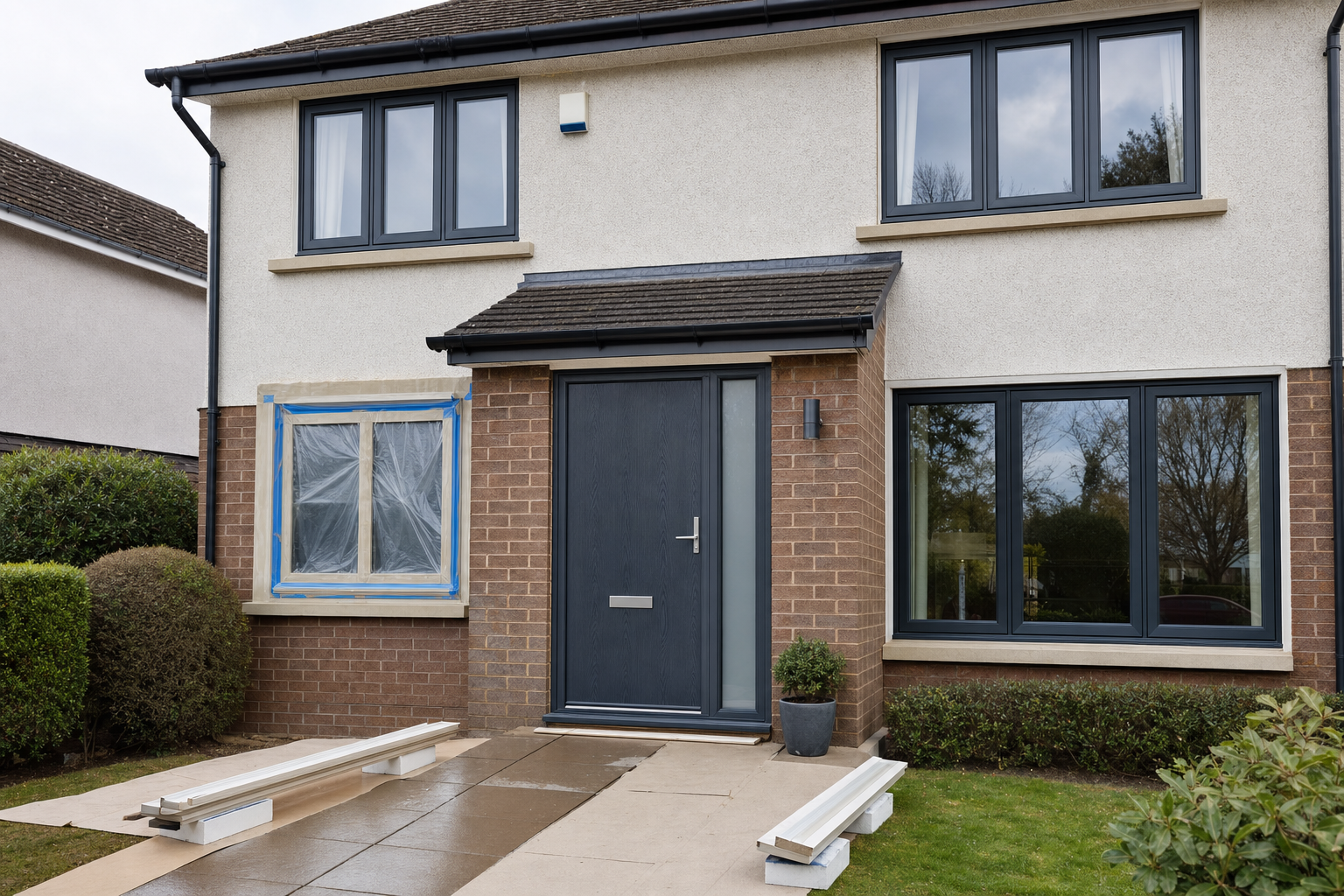 Modern house exterior with a dark grey door, large windows, and a partially covered window under renovation.