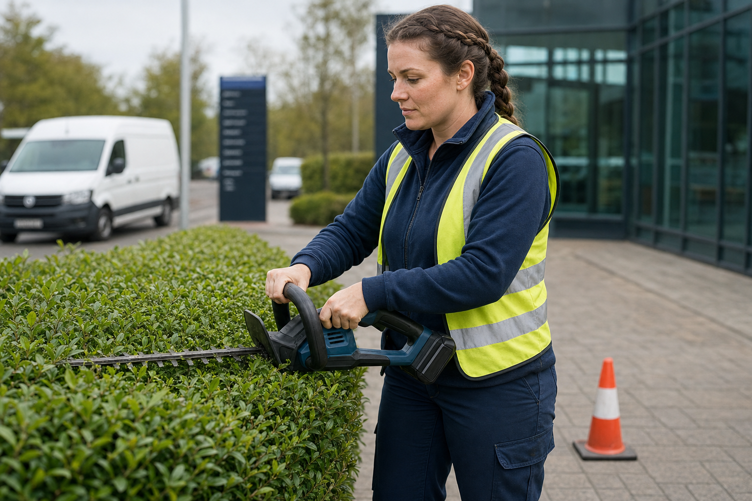Woman in a hi-vis vest trimming a hedge with an electric trimmer near a building and a parked van.